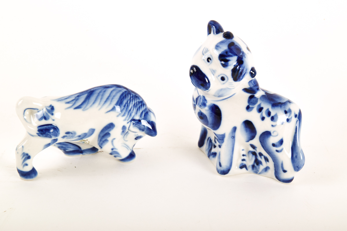 Gzhel Russian Blue and White Porcelain Animal Figurines