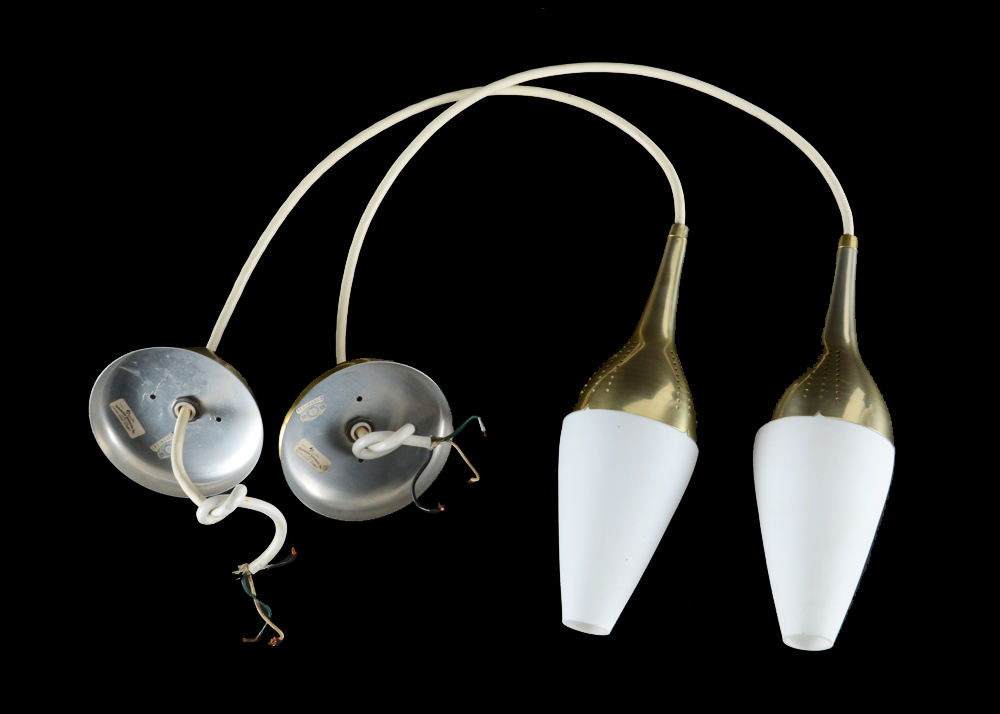 Pair of Brass and Opaline Hanging Lamps