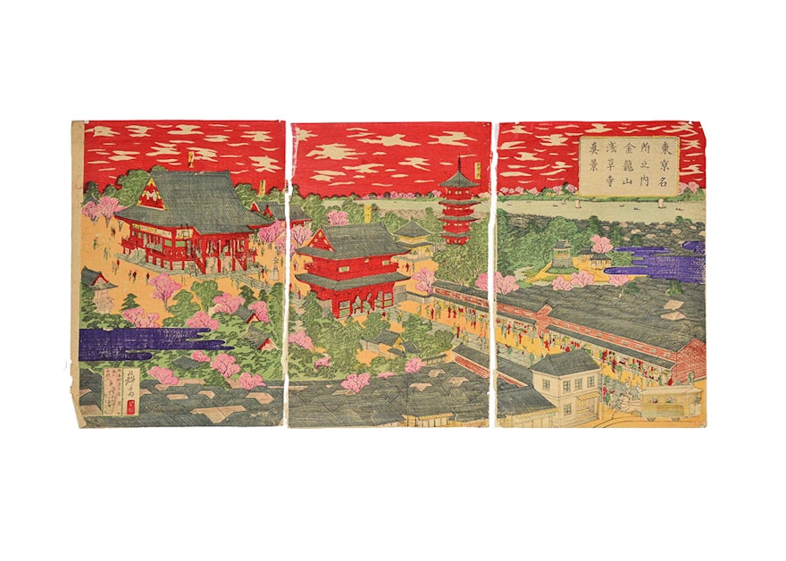 Antique Japanese Woodblock Ukiyo-e Restrike Print Triptych of Buddhist Temple