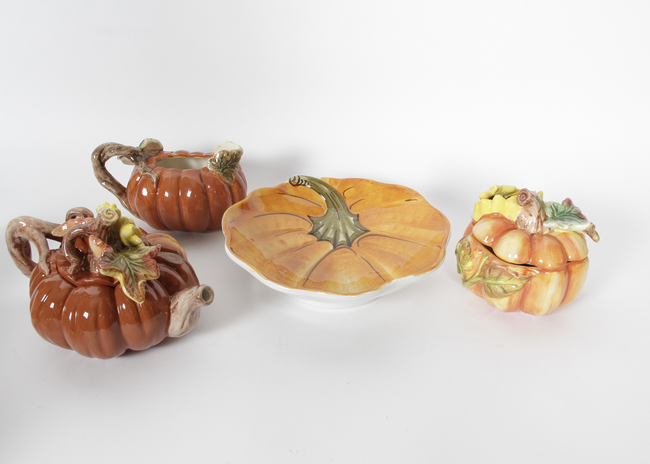 Ceramic Pumpkin Tea Set with William Sonoma Pumpkin Dish