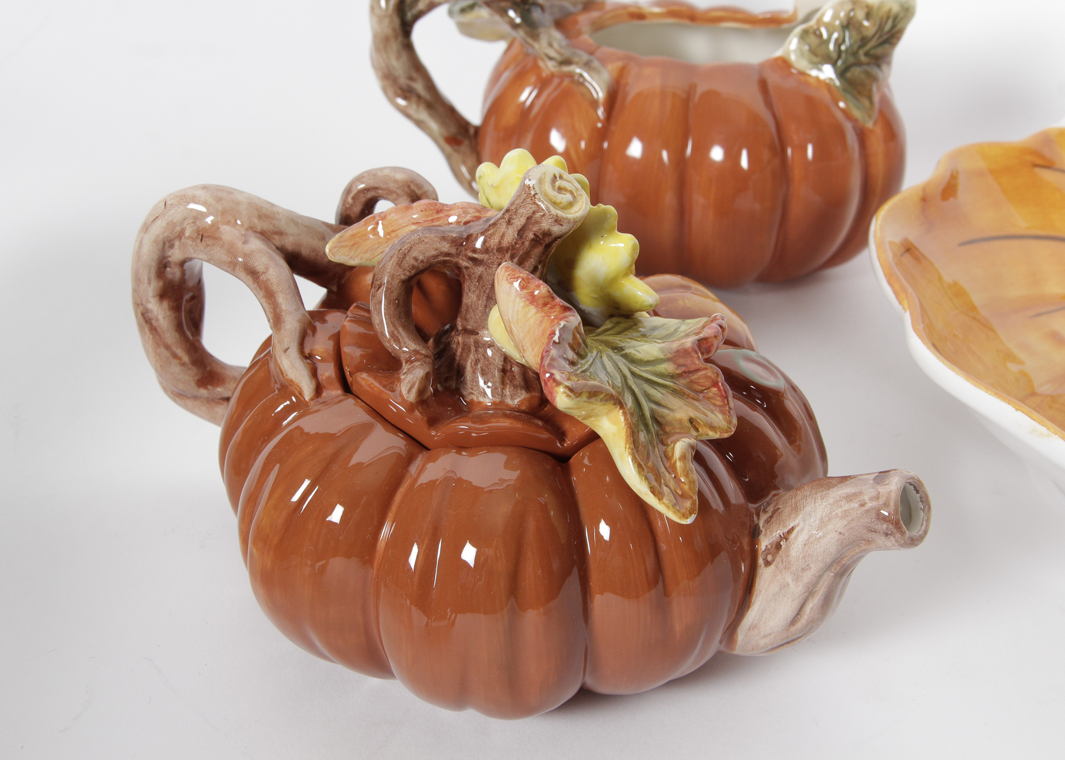 Ceramic Pumpkin Tea Set with William Sonoma Pumpkin Dish