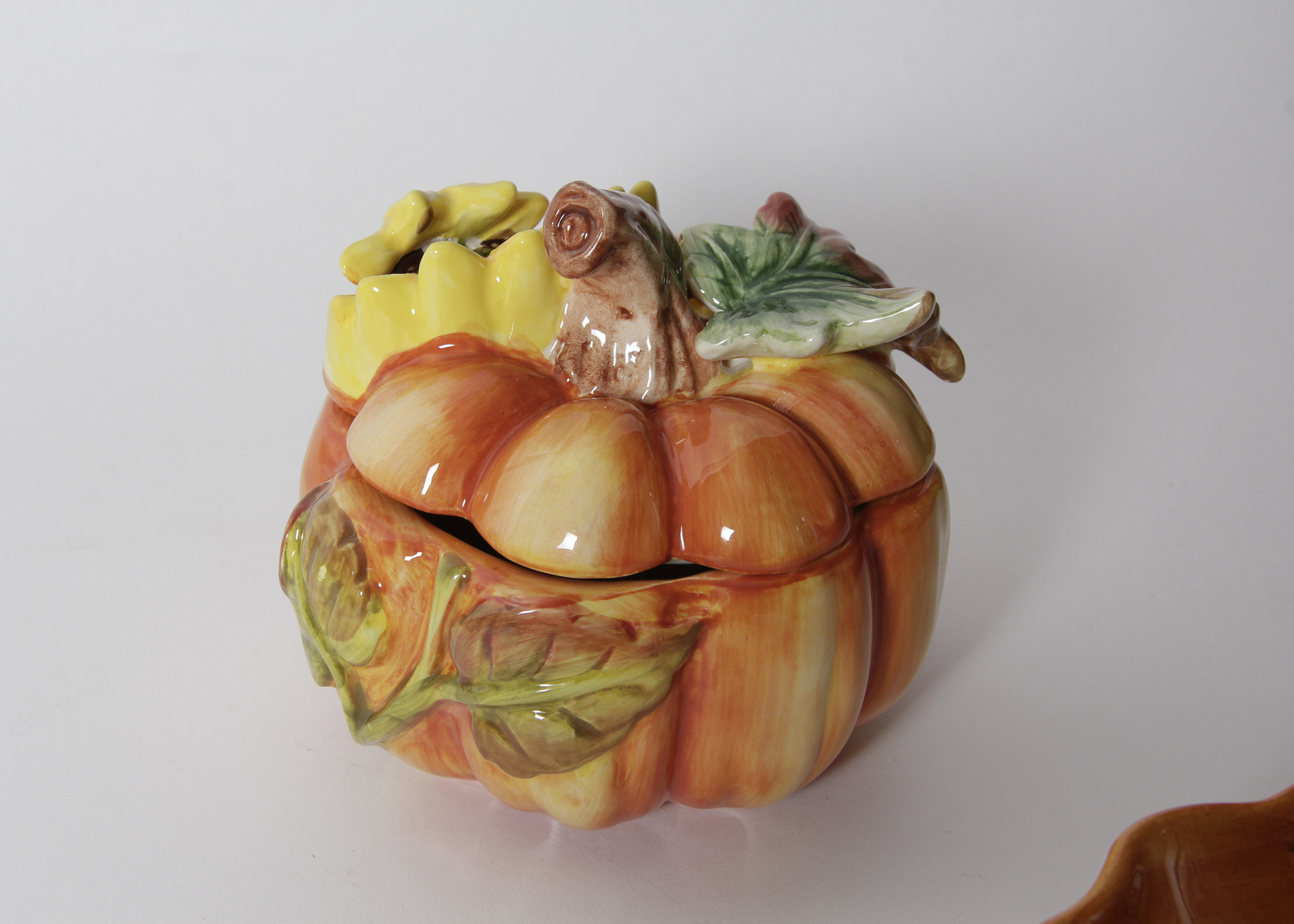 Ceramic Pumpkin Tea Set with William Sonoma Pumpkin Dish