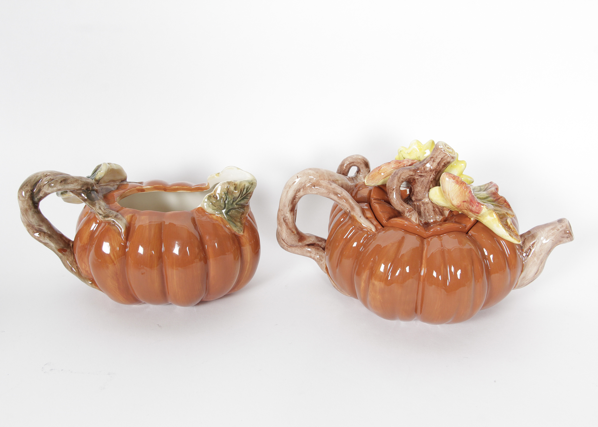 Ceramic Pumpkin Tea Set with William Sonoma Pumpkin Dish
