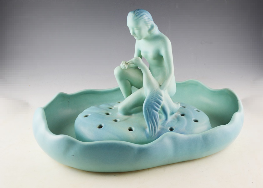 Van Briggle Pottery Art Nouveau Style Center Bowl and Figural Flower Frog