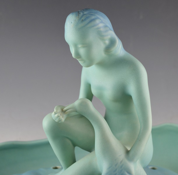 Van Briggle Pottery Art Nouveau Style Center Bowl and Figural Flower Frog