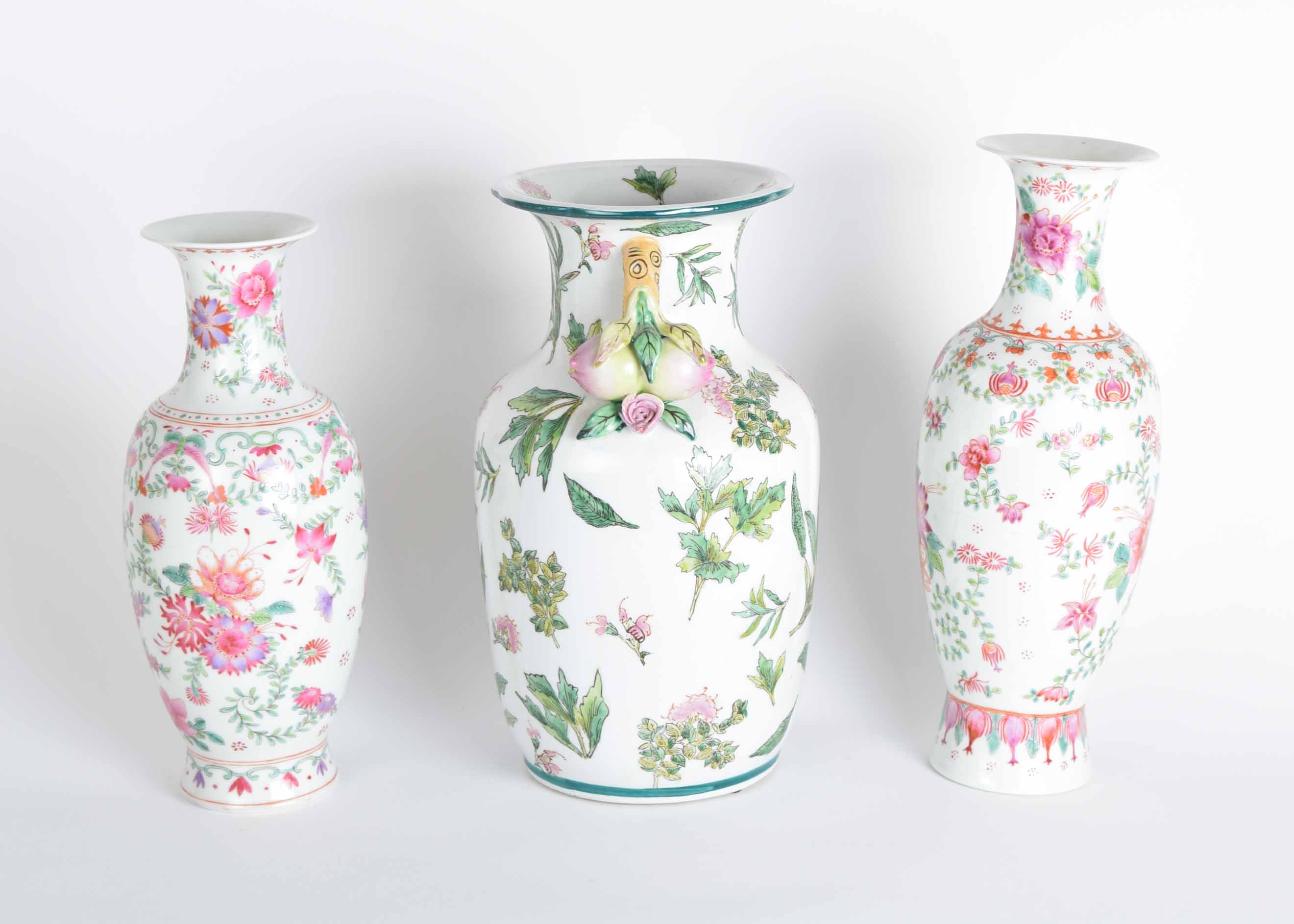 Three Hand Painted Asian Style Vases