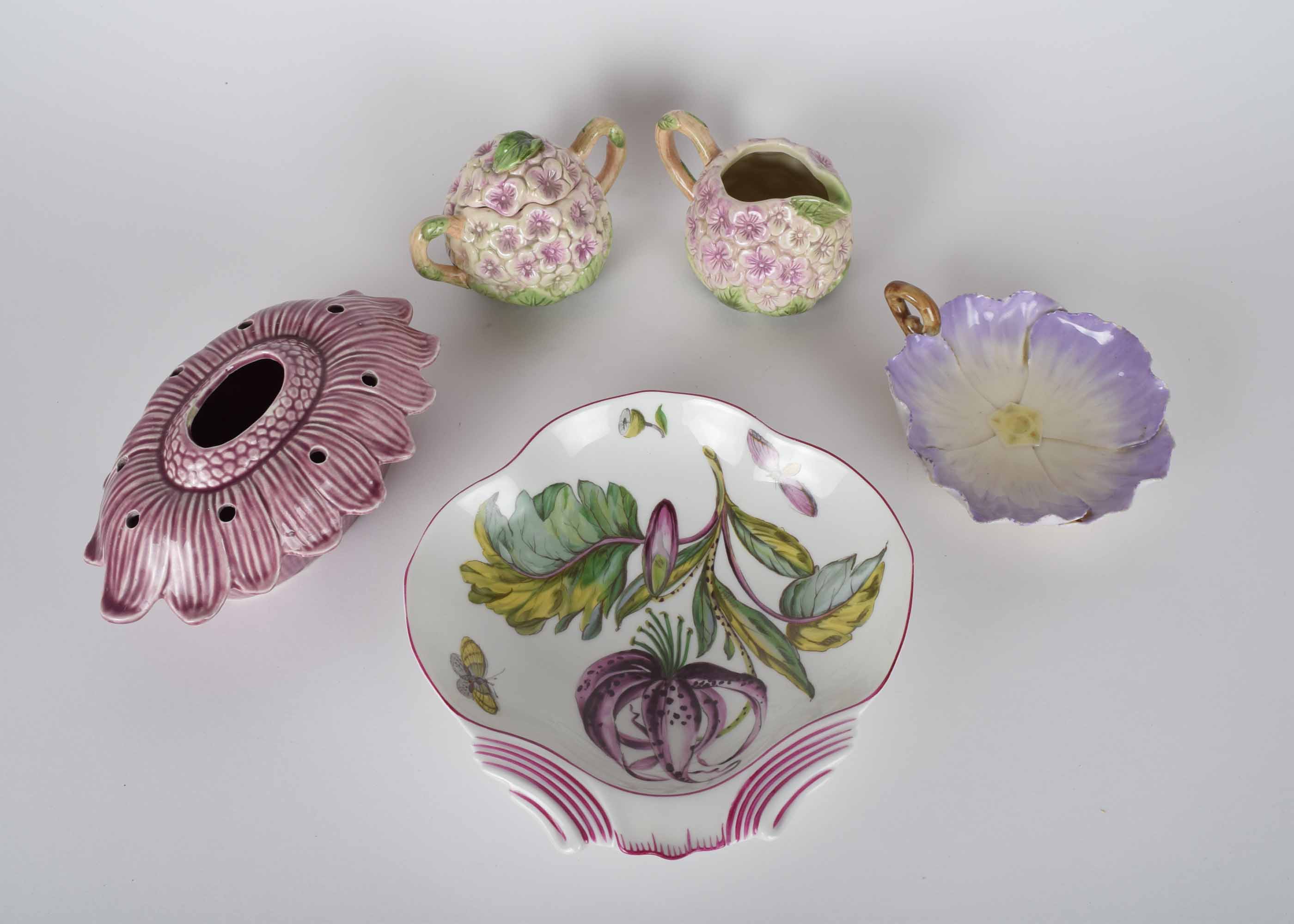 Lavender Toned Floral Porcelain and Pottery Assortment