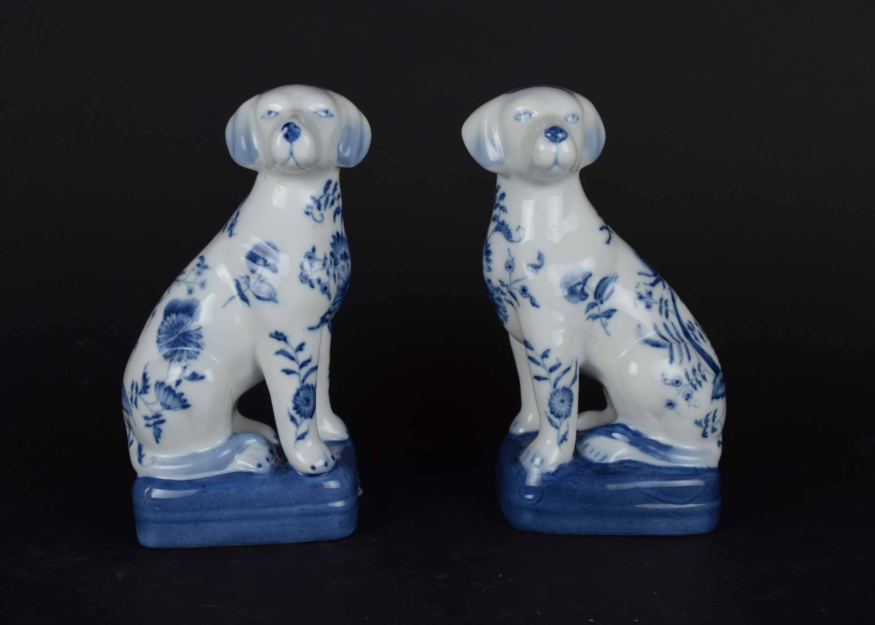 Vintage Asian Blue and White Staffordshire Style Porcelain Dogs