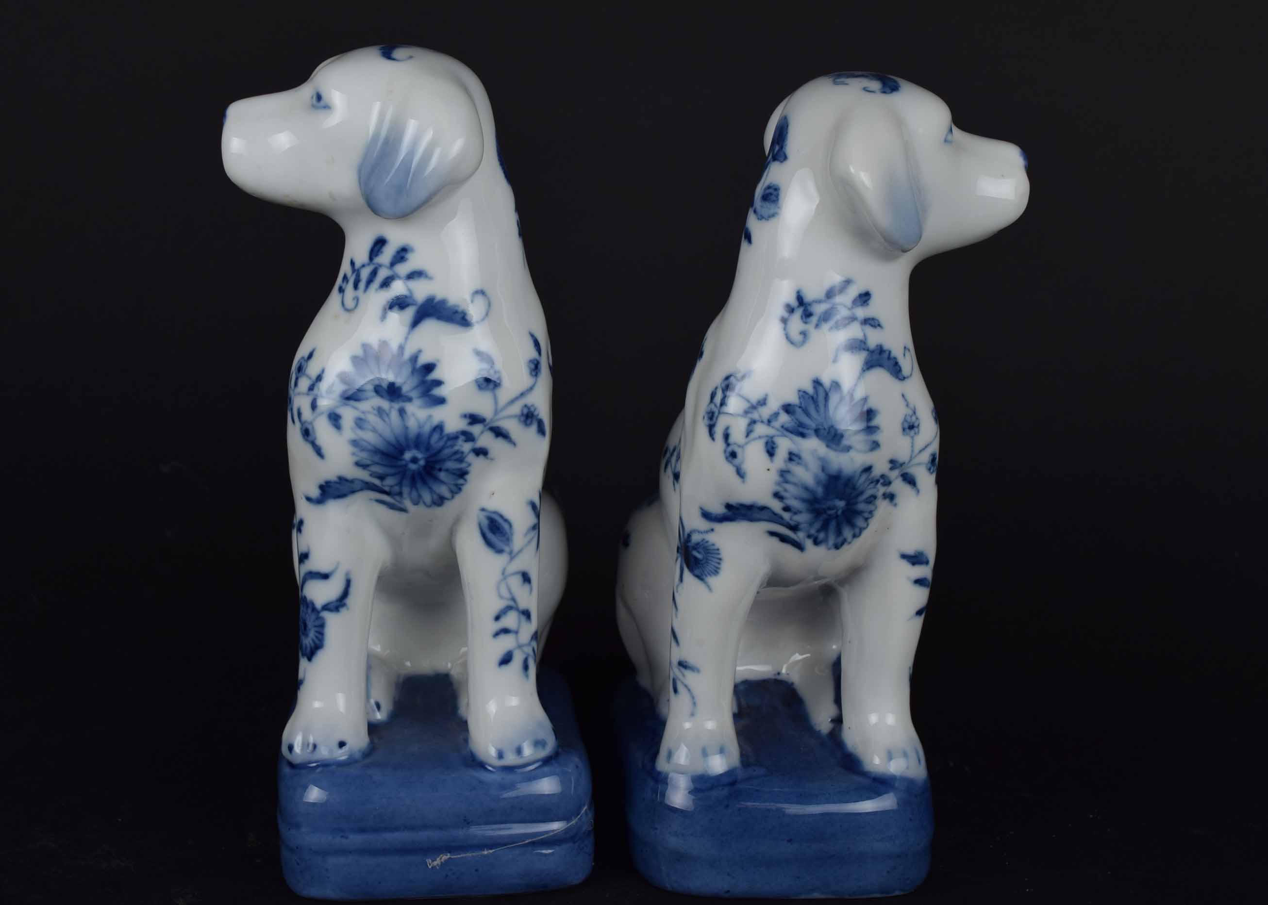 Vintage Asian Blue and White Staffordshire Style Porcelain Dogs