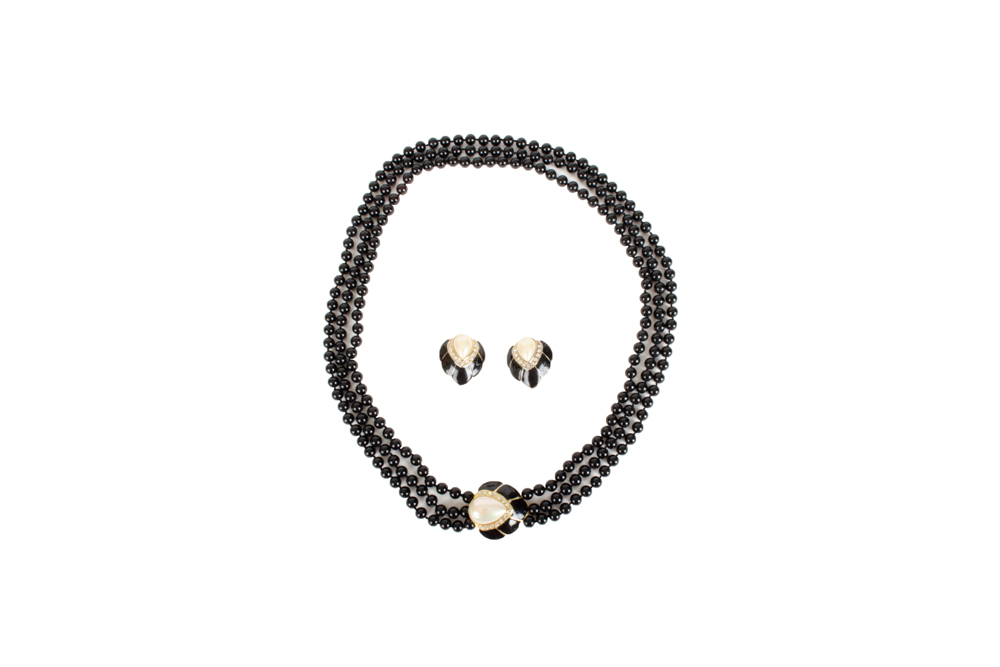 Costume Jewelry Set of Black Glass Beads and Faux Pearl Necklace and Earrings