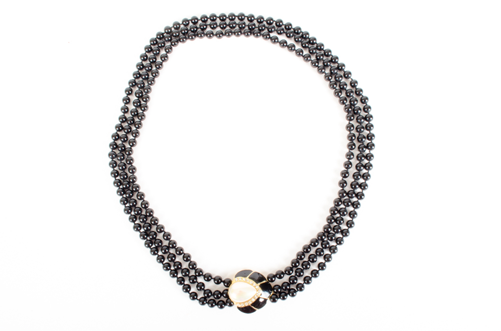 Costume Jewelry Set of Black Glass Beads and Faux Pearl Necklace and Earrings