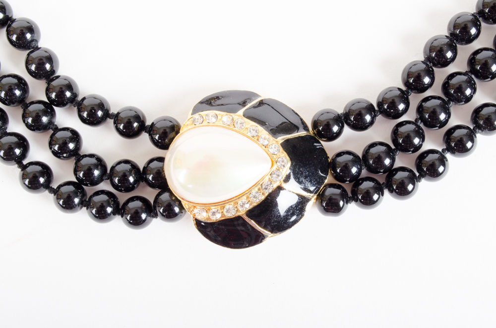 Costume Jewelry Set of Black Glass Beads and Faux Pearl Necklace and Earrings