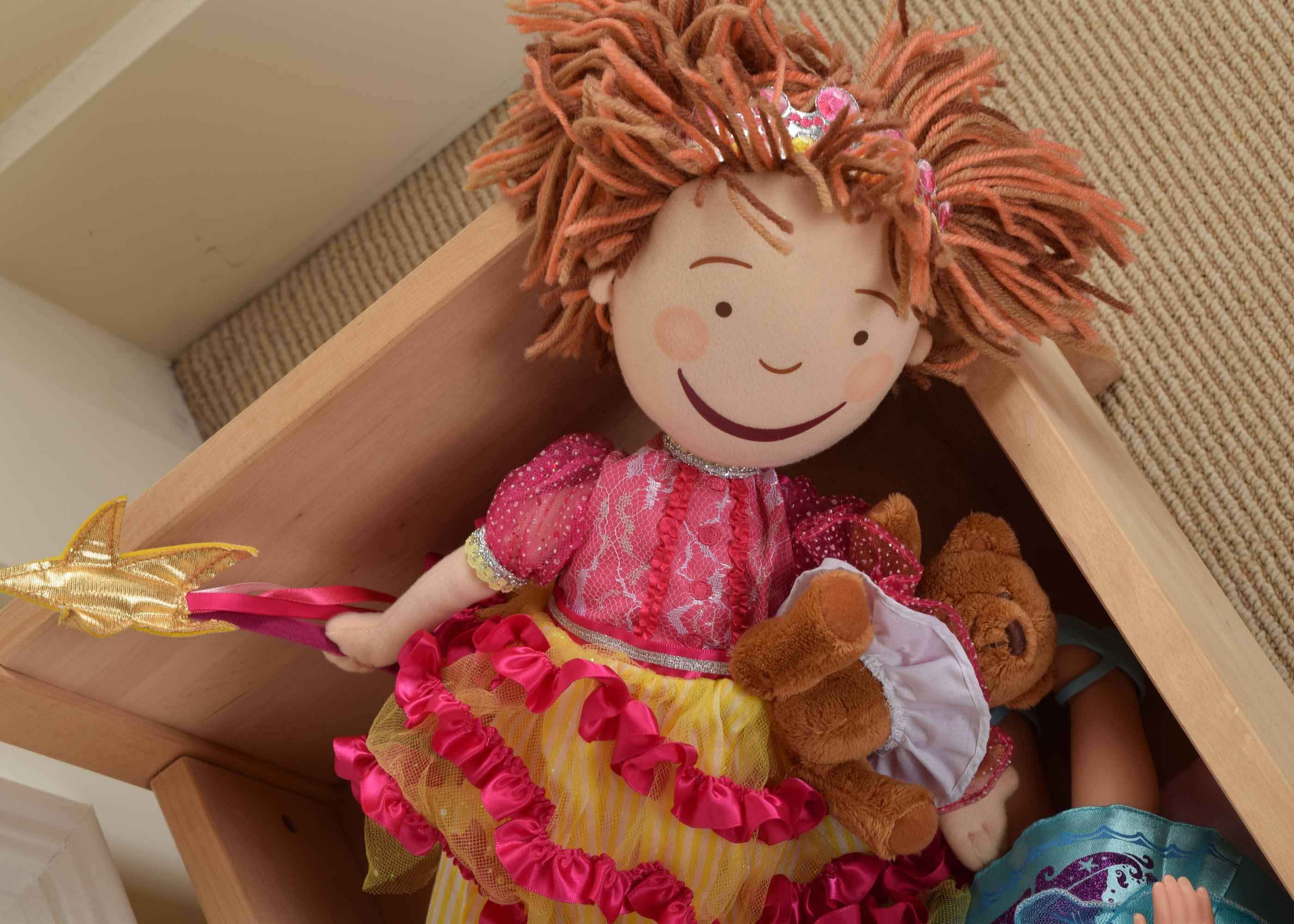 Wooden Doll Bed and Three Dolls