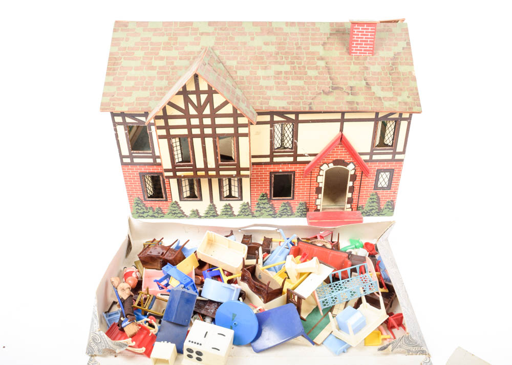 Vintage Cardboard Dollhouse and Dollhouse Furniture