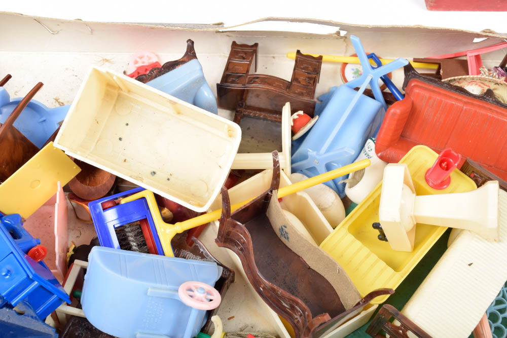 Vintage Cardboard Dollhouse and Dollhouse Furniture