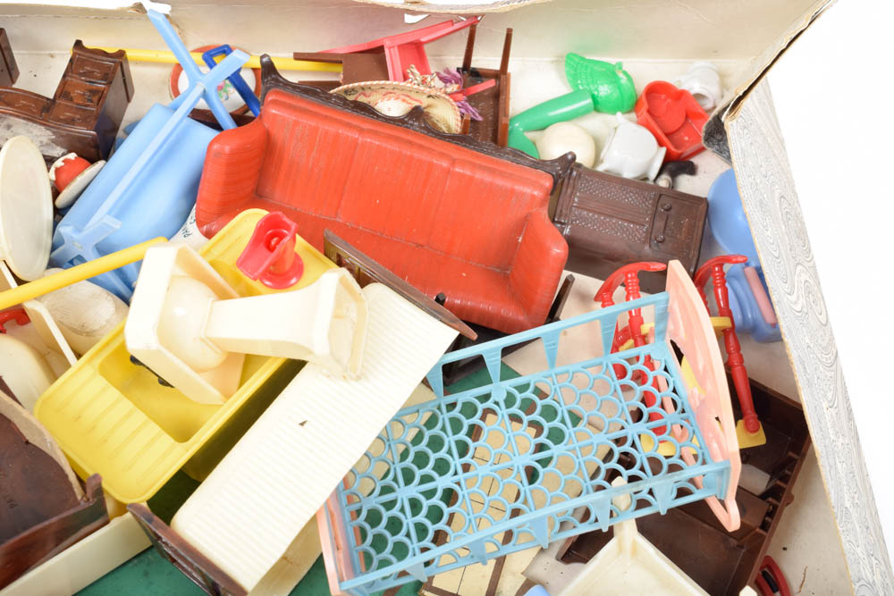 Vintage Cardboard Dollhouse and Dollhouse Furniture