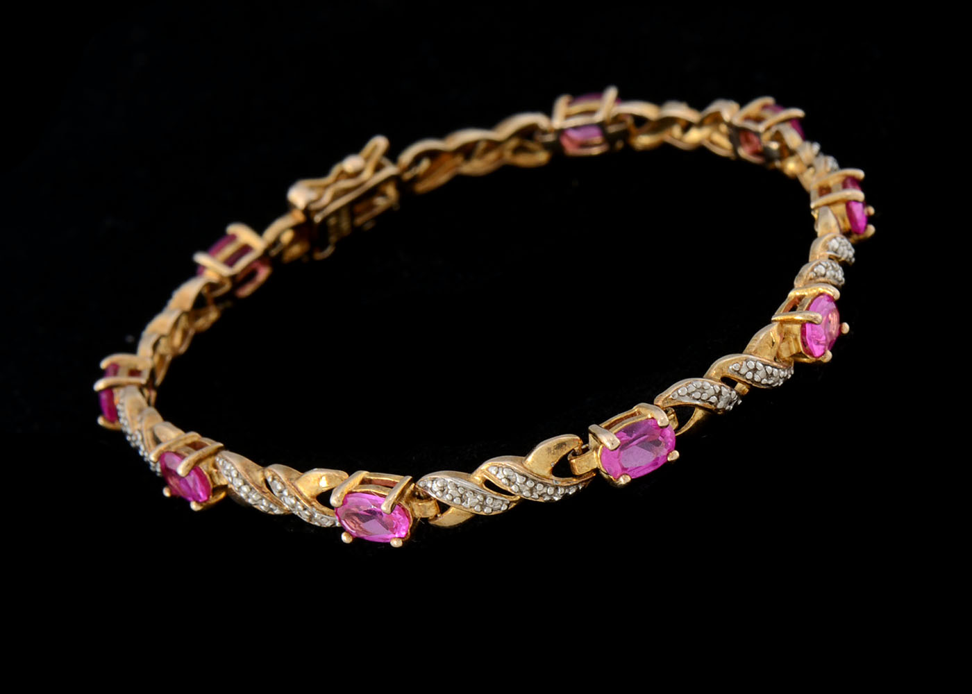 Sterling Two-Tone Synthetic Pink Sapphire and Diamond Bracelet