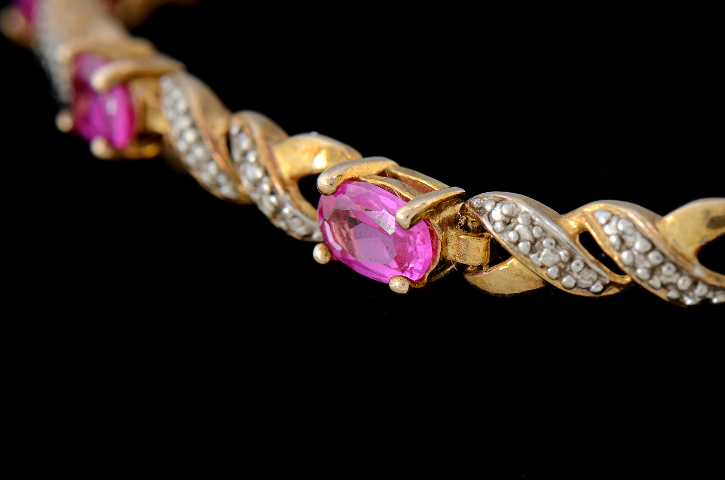 Sterling Two-Tone Synthetic Pink Sapphire and Diamond Bracelet