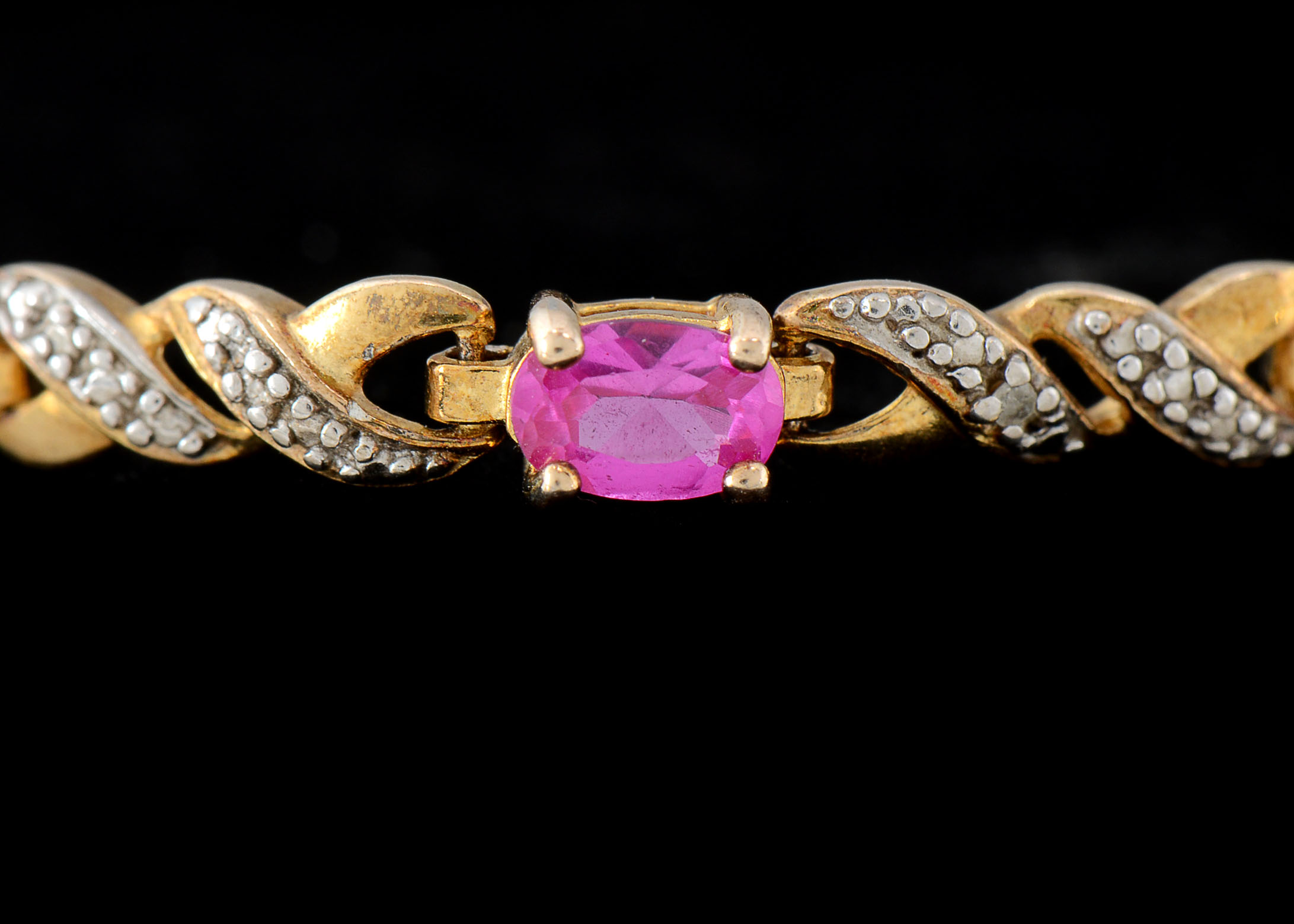 Sterling Two-Tone Synthetic Pink Sapphire and Diamond Bracelet