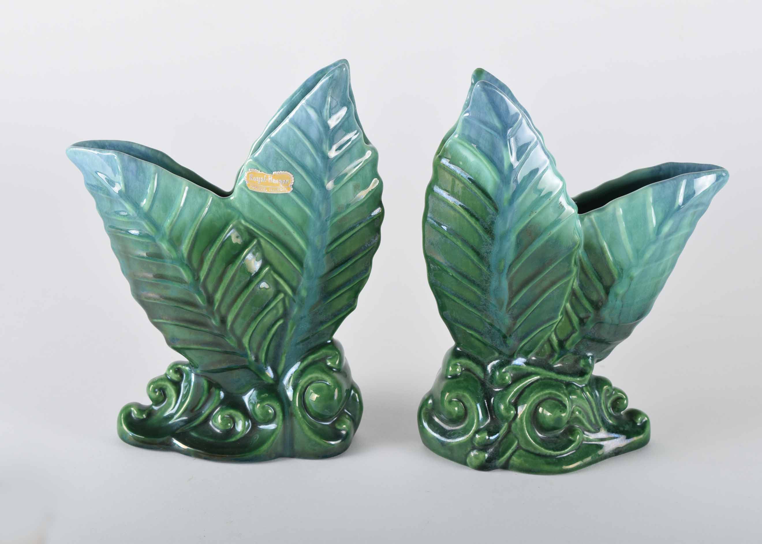 Vintage Royal Haeger Green Double Leaf Vase Pair