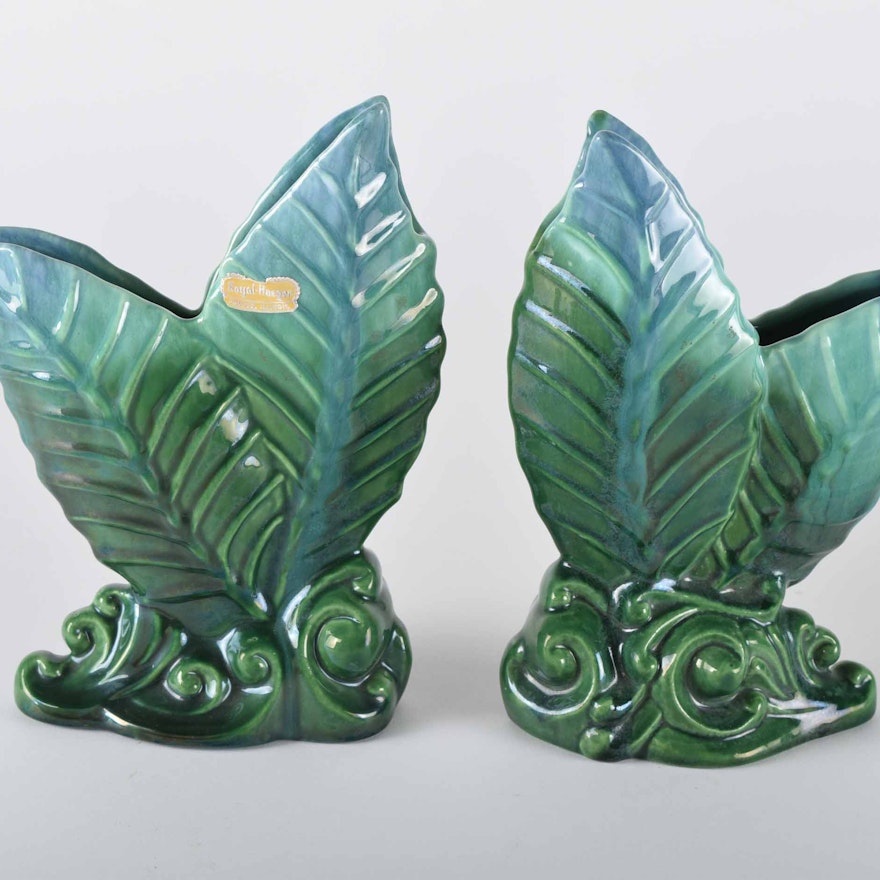 Vintage Royal Haeger Green Double Leaf Vase Pair