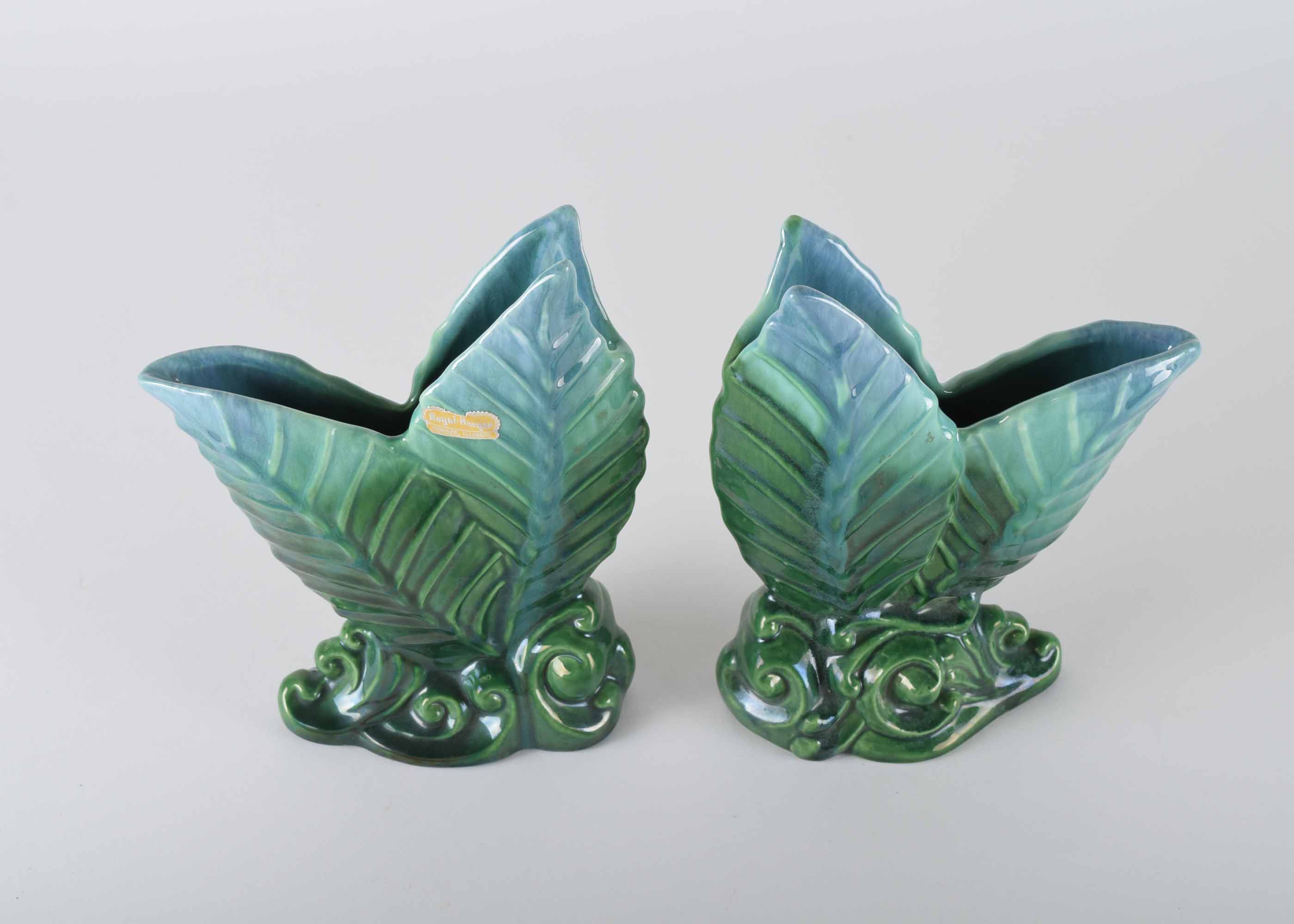 Vintage Royal Haeger Green Double Leaf Vase Pair