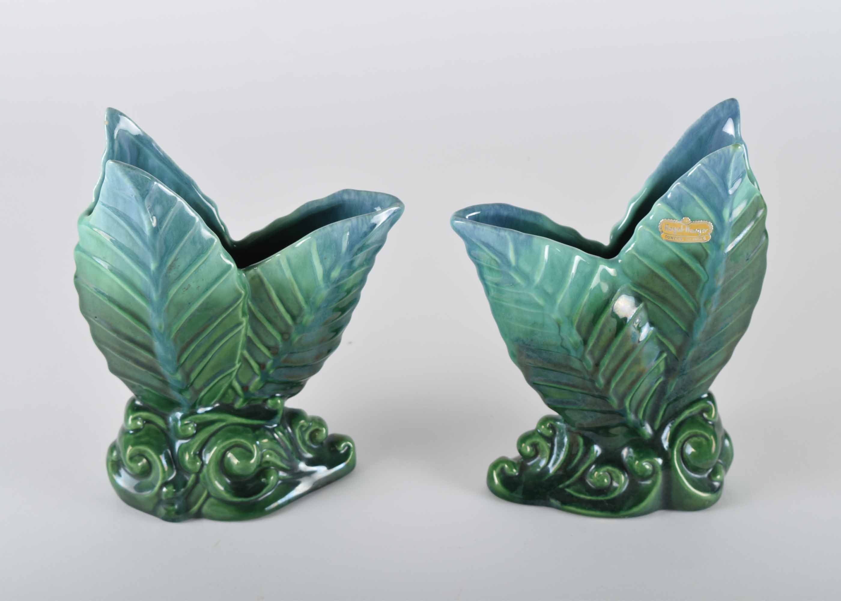 Vintage Royal Haeger Green Double Leaf Vase Pair