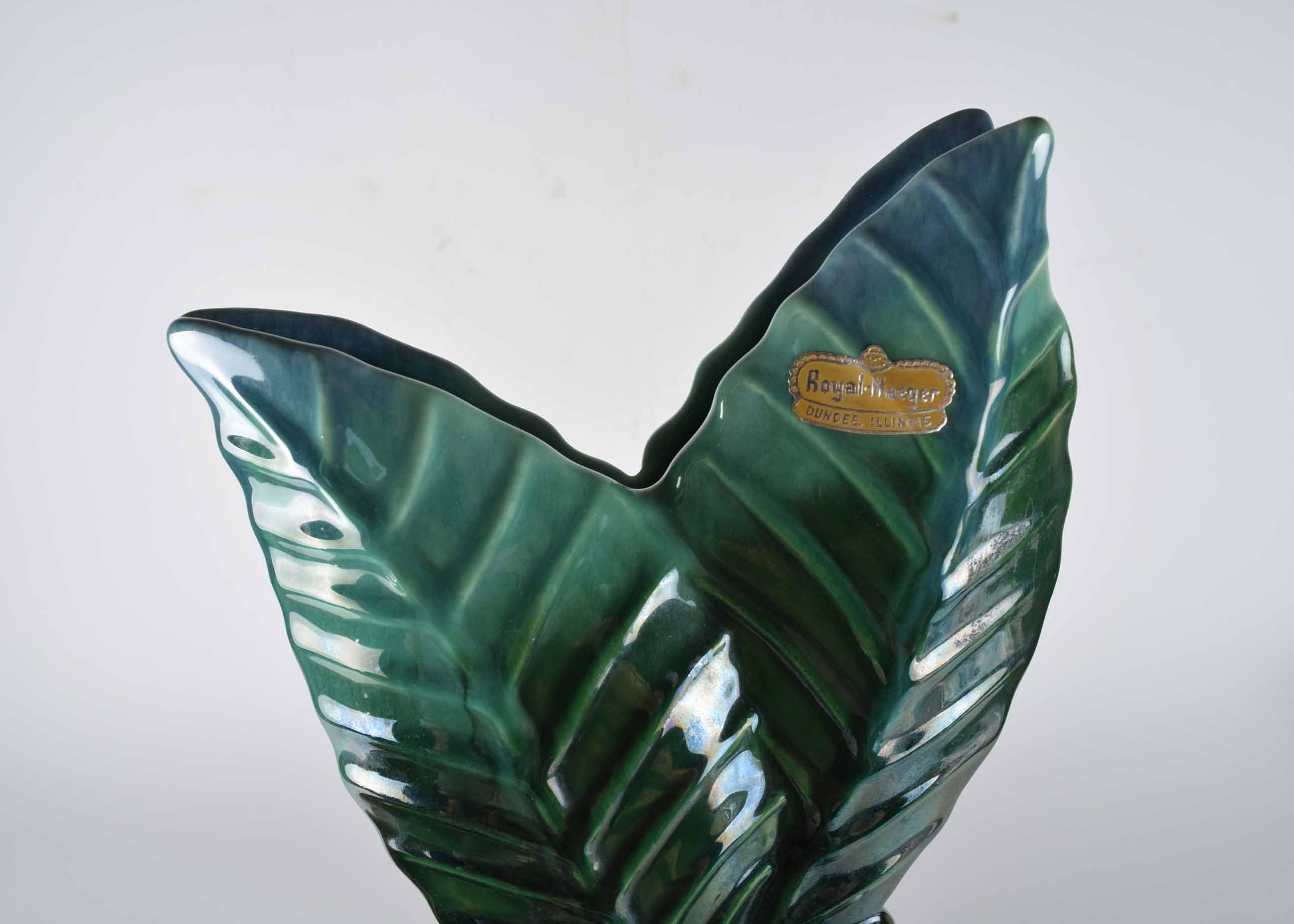 Vintage Royal Haeger Green Double Leaf Vase Pair