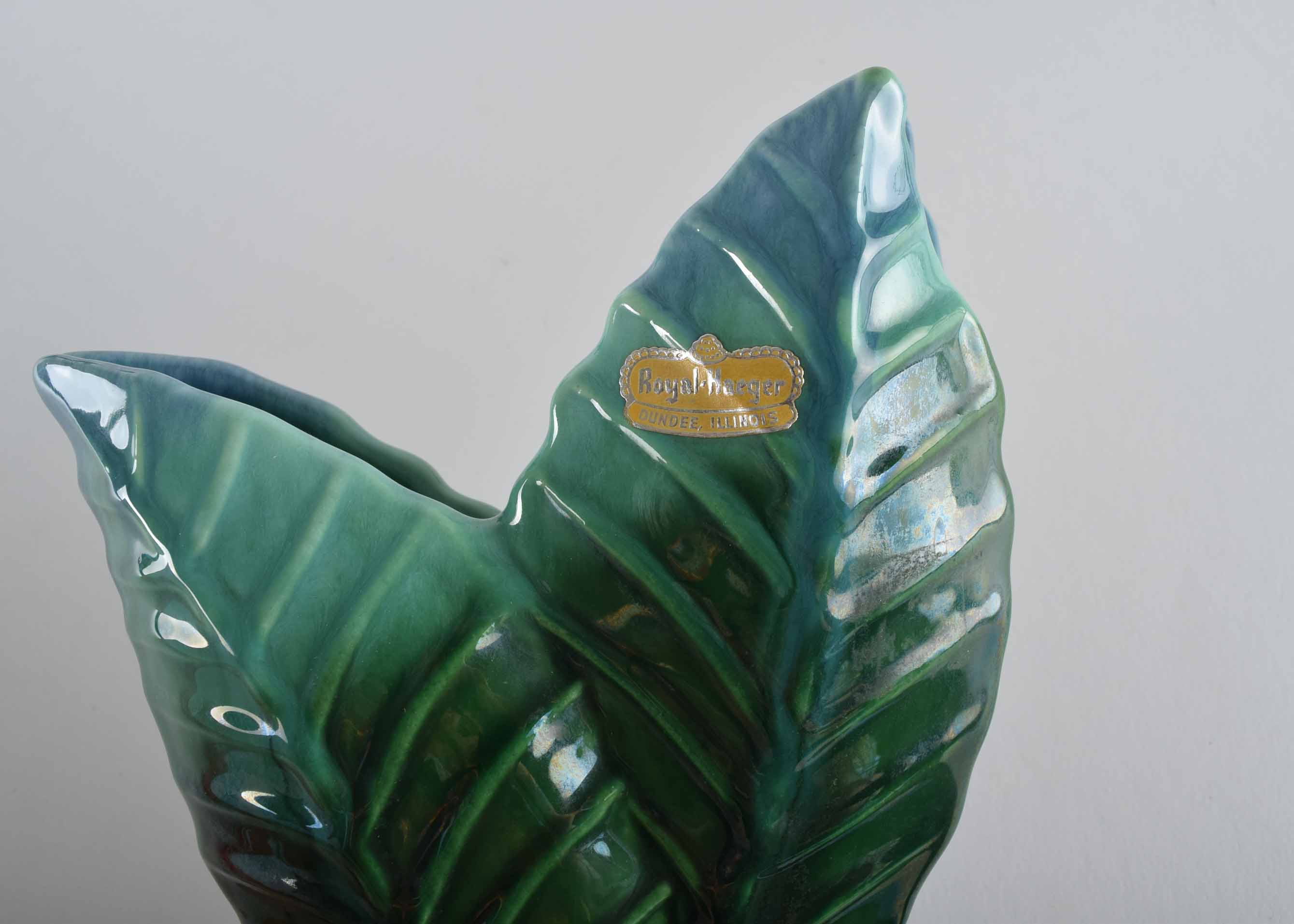 Vintage Royal Haeger Green Double Leaf Vase Pair