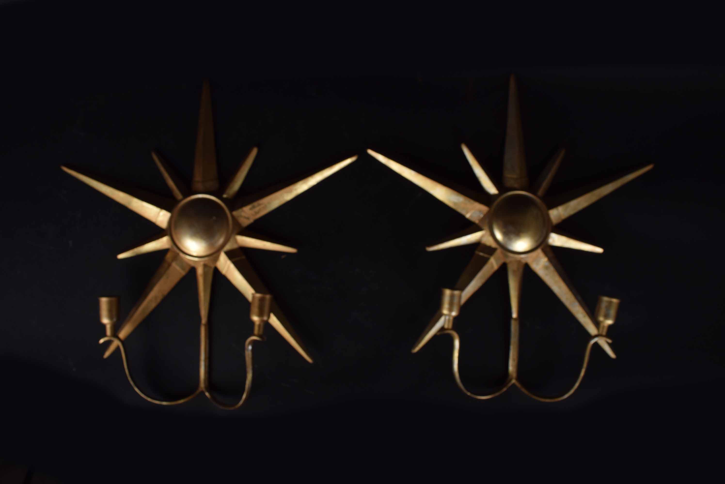 Gold Tone Metal Sunburst Candle Sconces