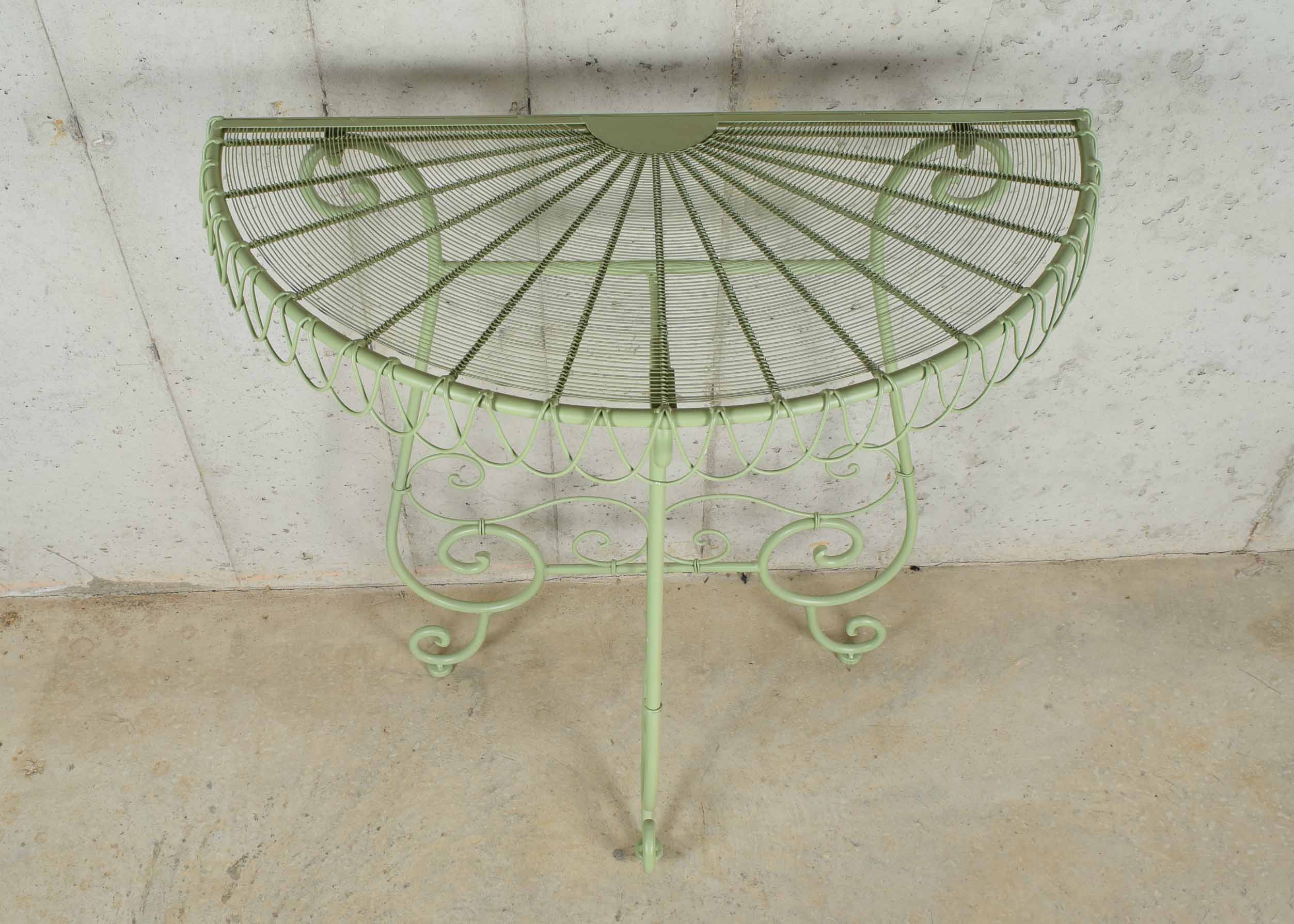 Green Iron and Wire Demilune Table