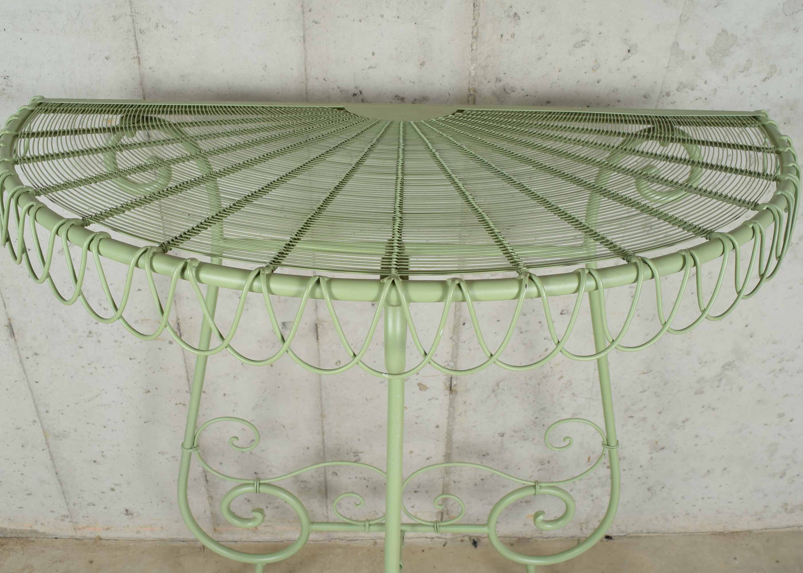Green Iron and Wire Demilune Table
