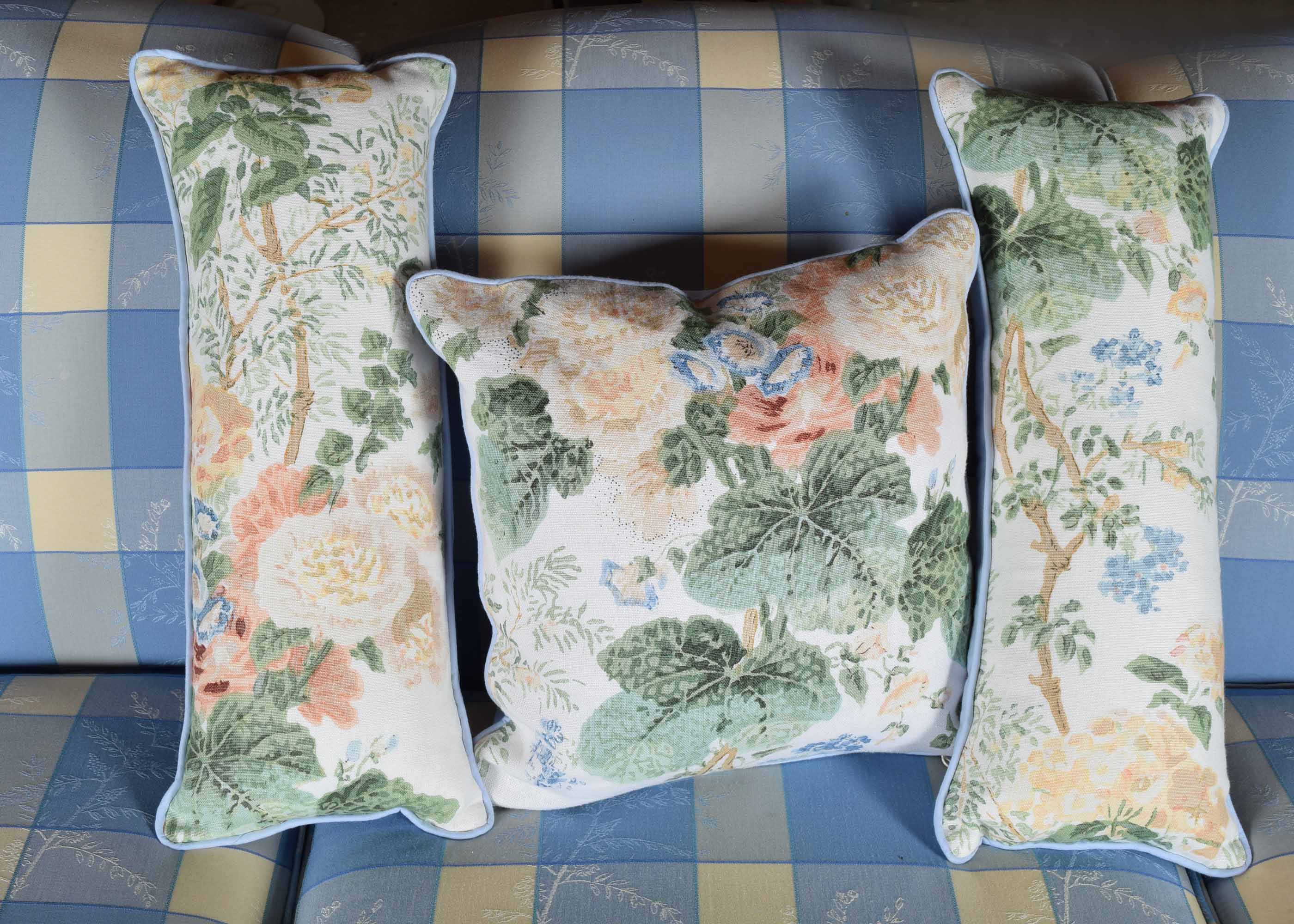 Green and Blue "Hollyhock" Floral Pillow Trio