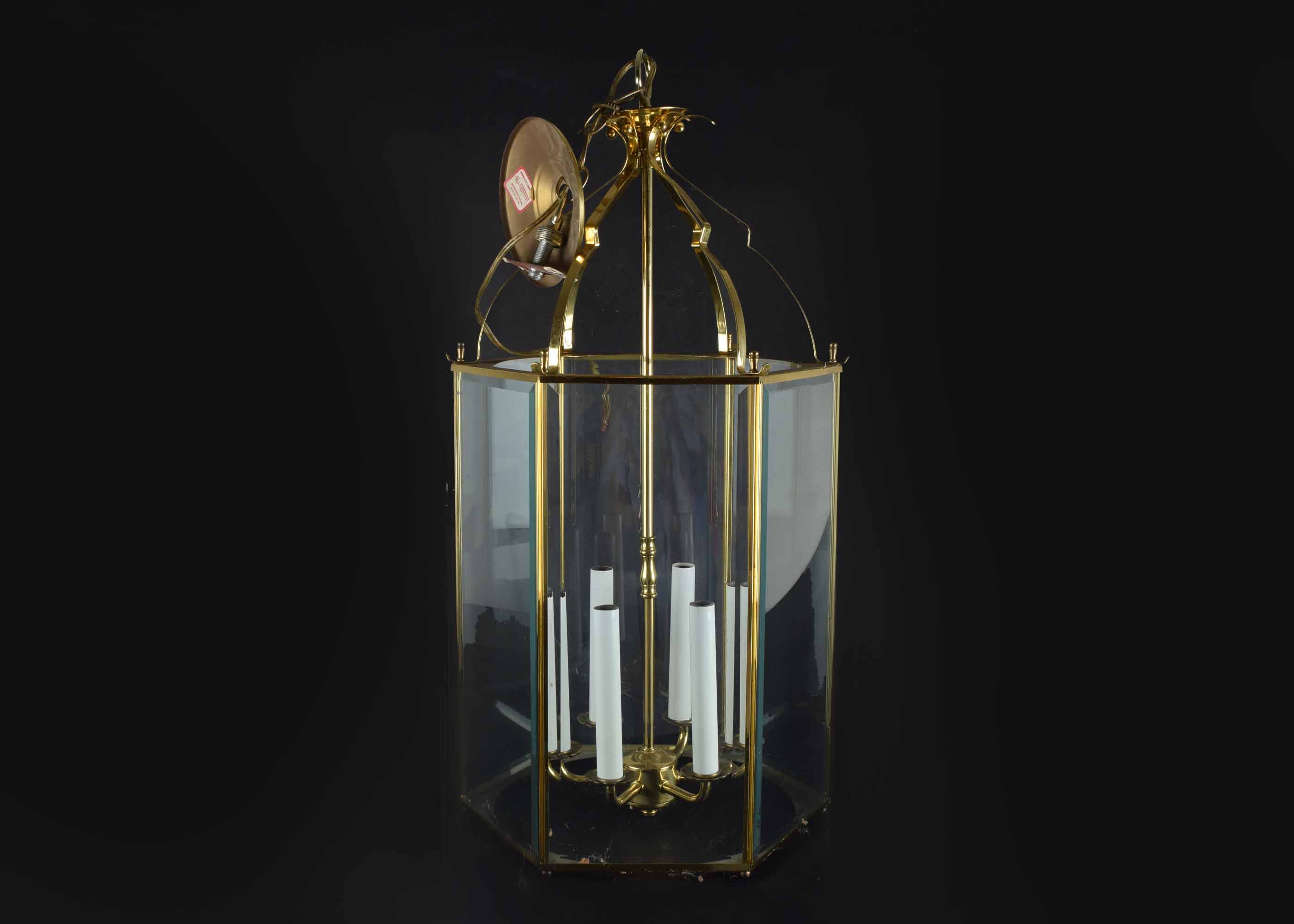 Brass Toned and Beveled Glass Six Light Chandelier
