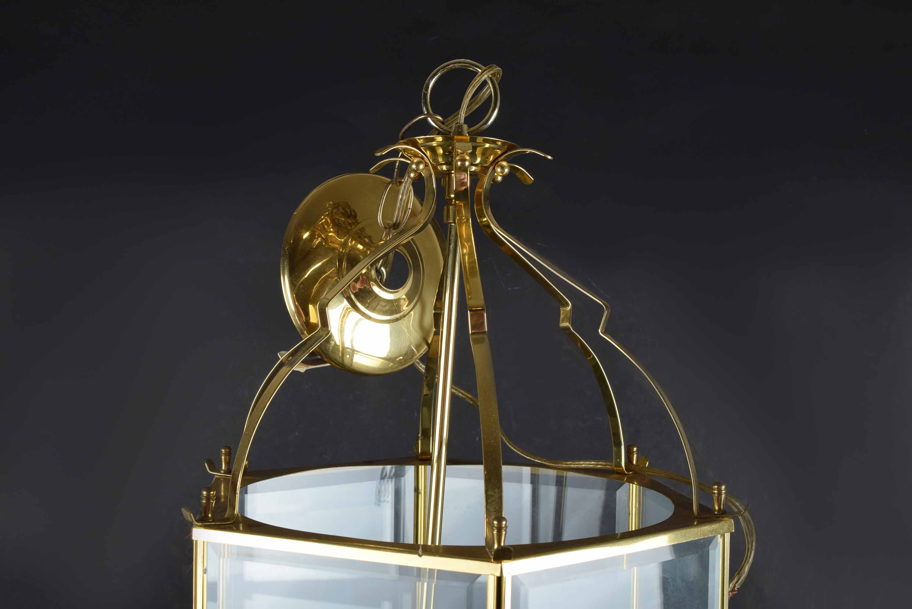 Brass Toned and Beveled Glass Six Light Chandelier