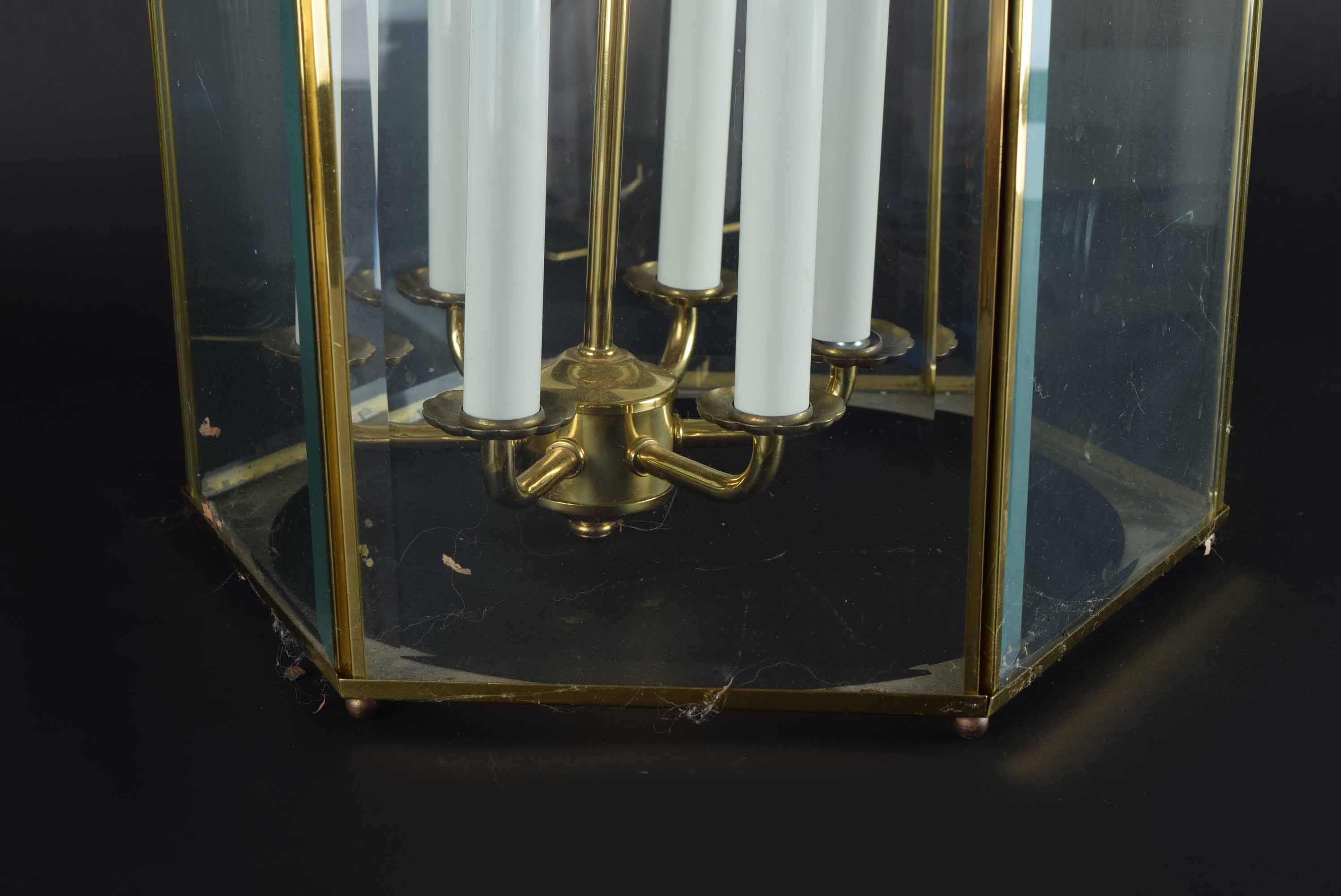 Brass Toned and Beveled Glass Six Light Chandelier