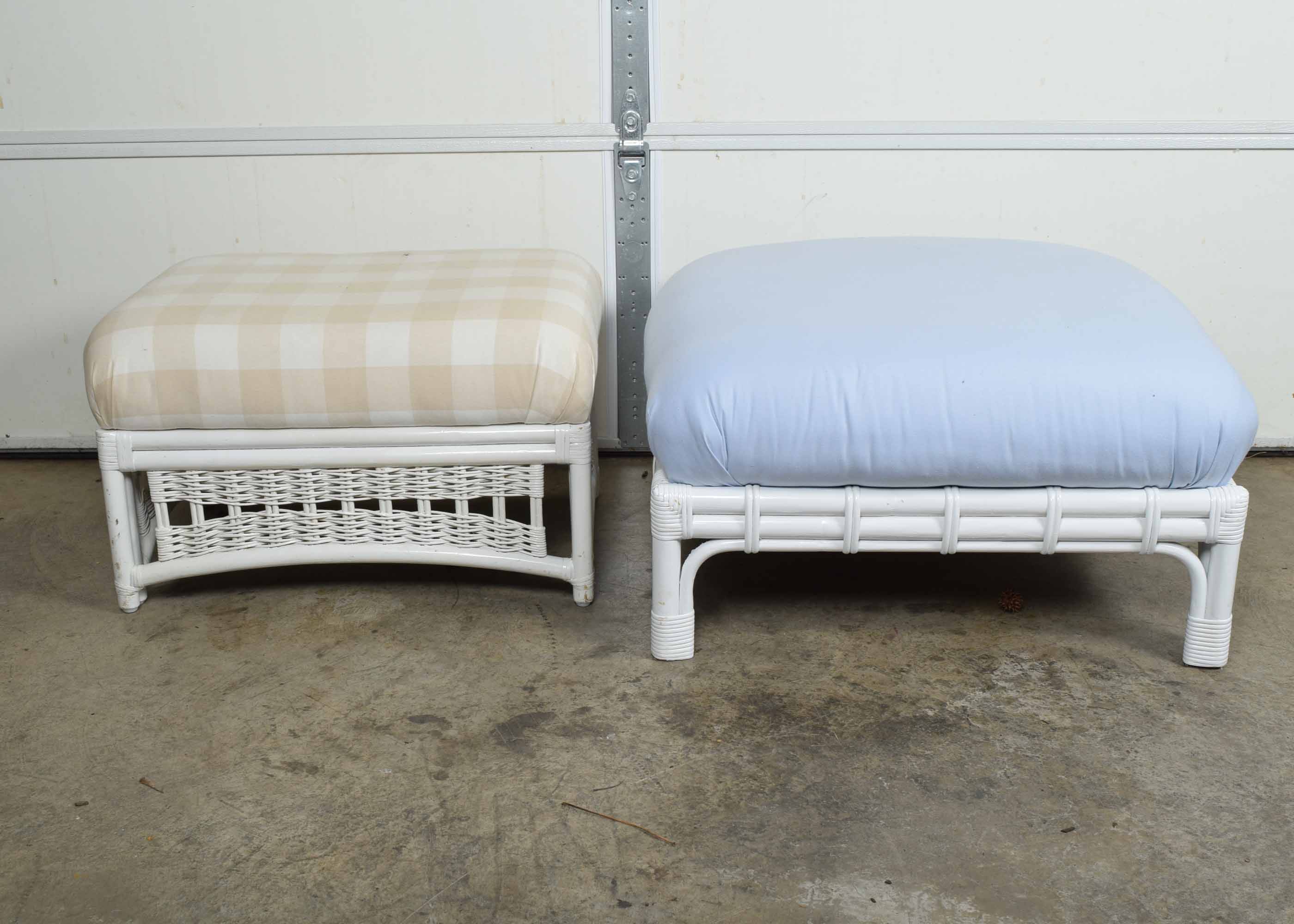 Pair of White Upholstered Bamboo Ottomans