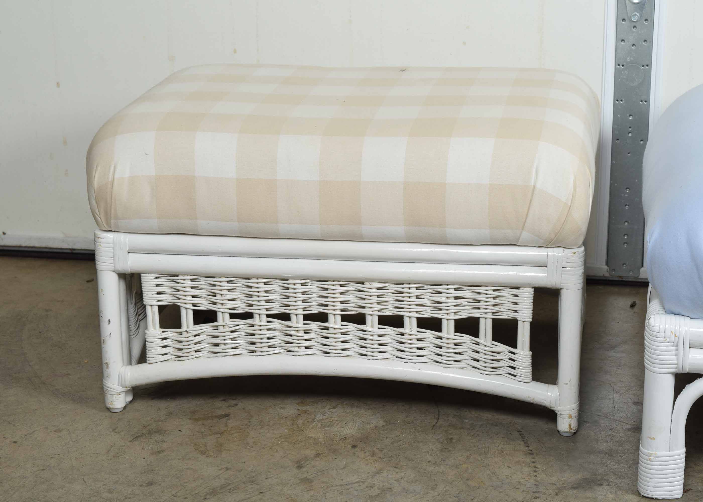 Pair of White Upholstered Bamboo Ottomans