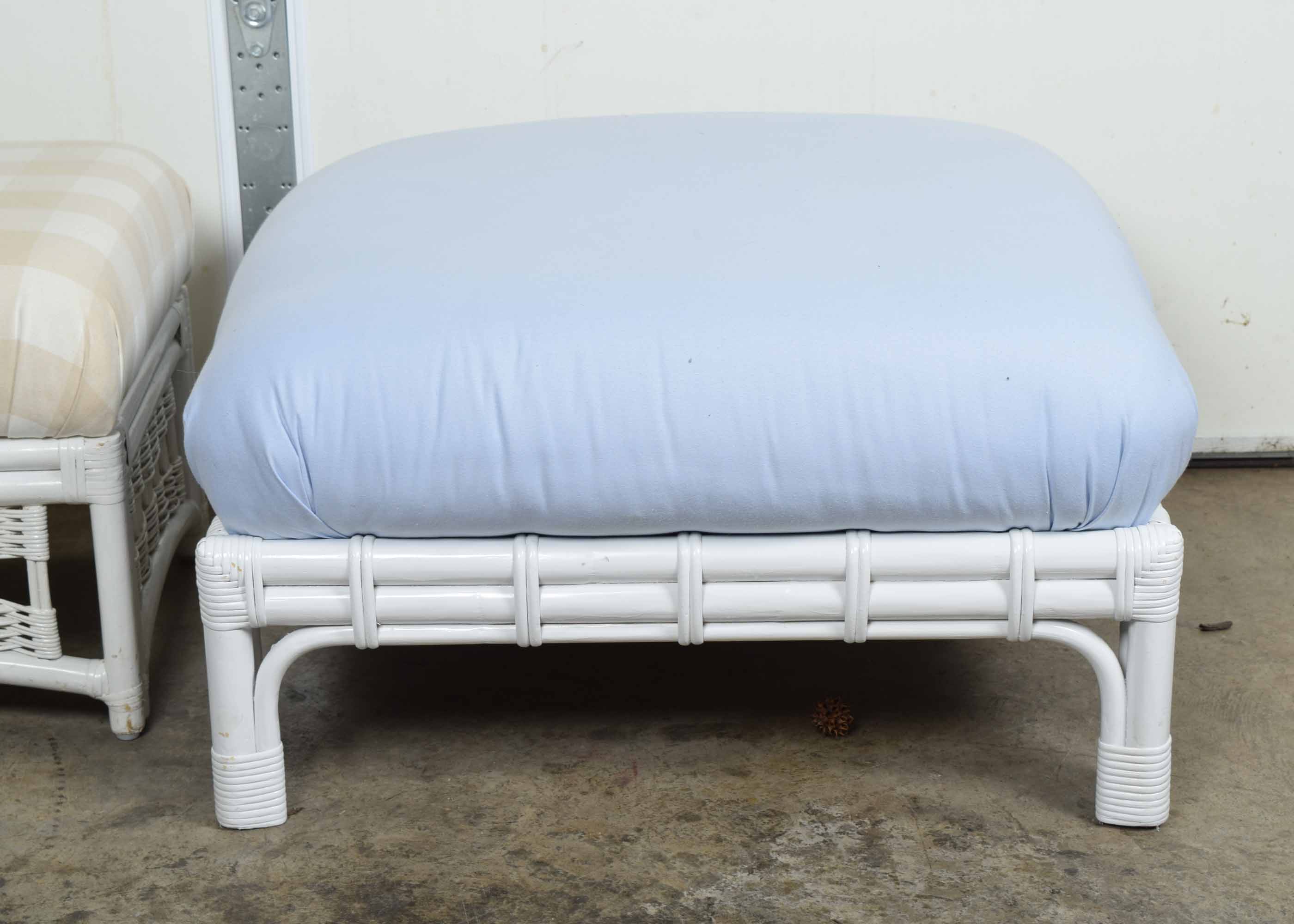 Pair of White Upholstered Bamboo Ottomans