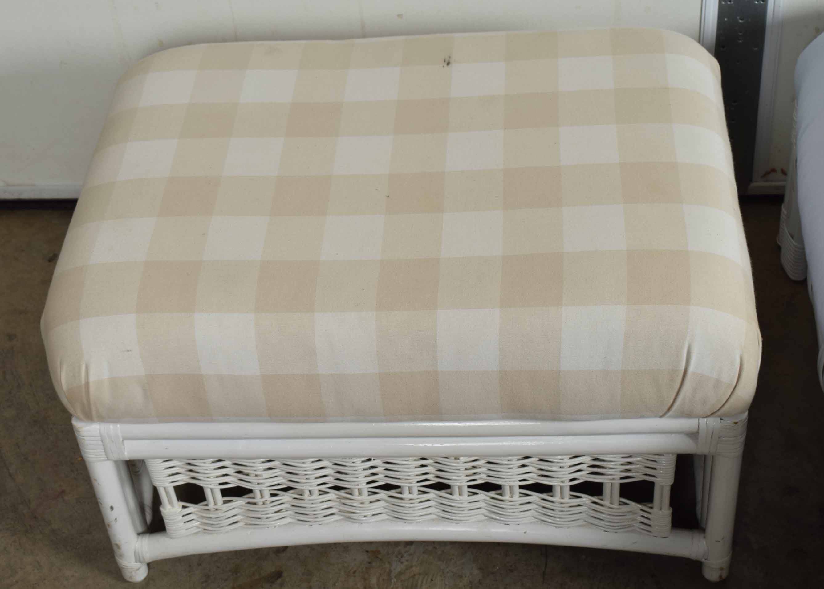 Pair of White Upholstered Bamboo Ottomans