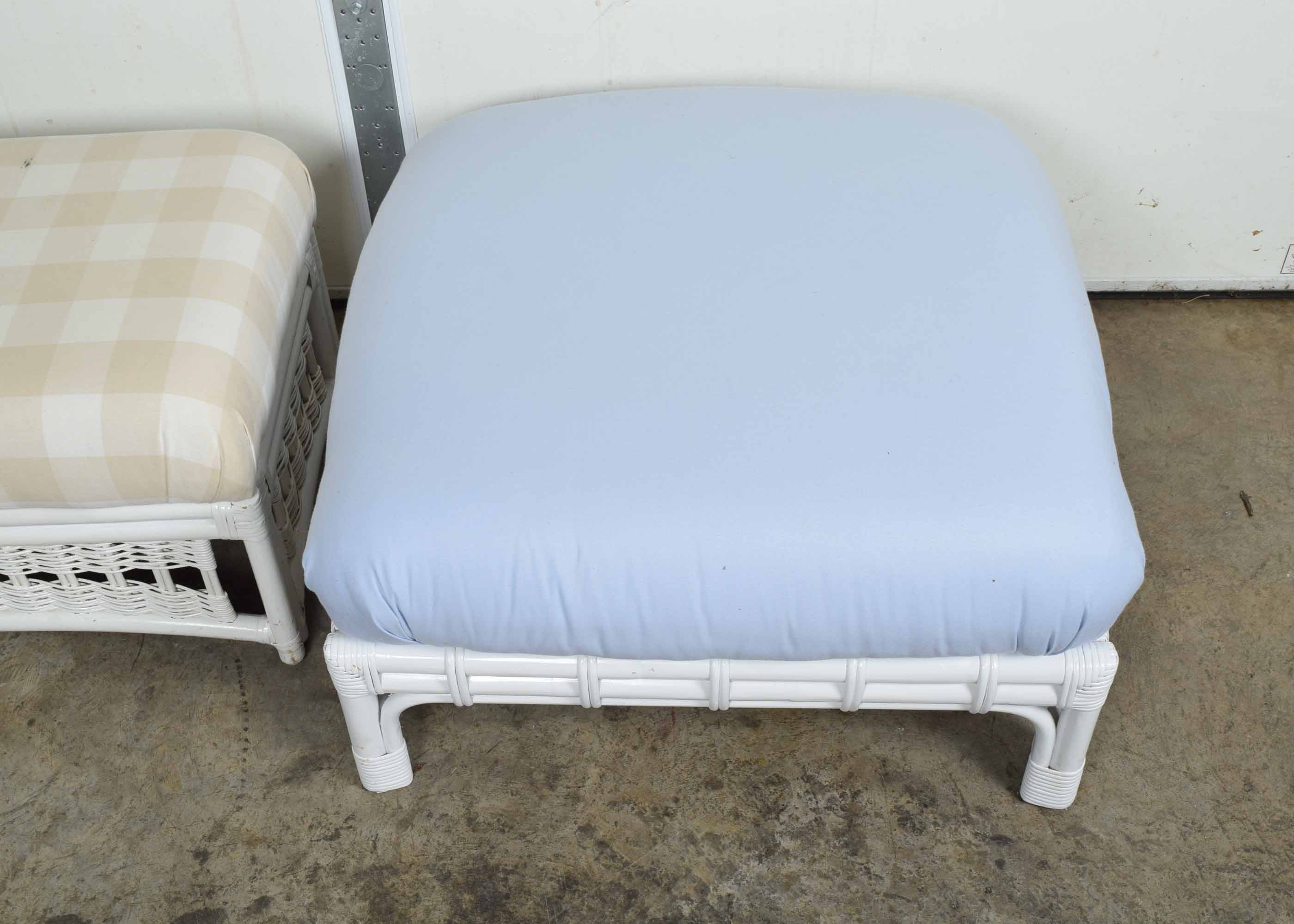 Pair of White Upholstered Bamboo Ottomans