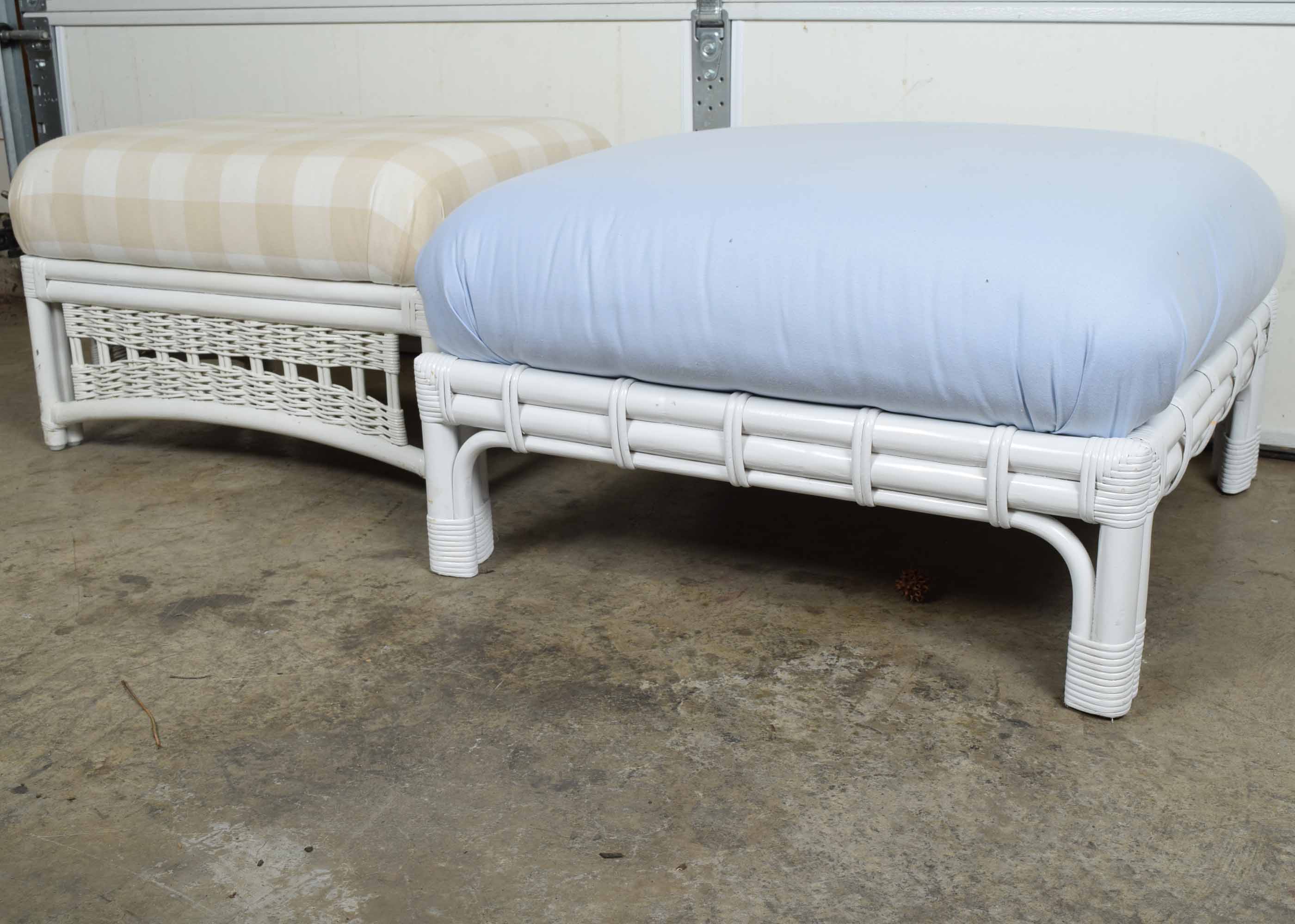 Pair of White Upholstered Bamboo Ottomans