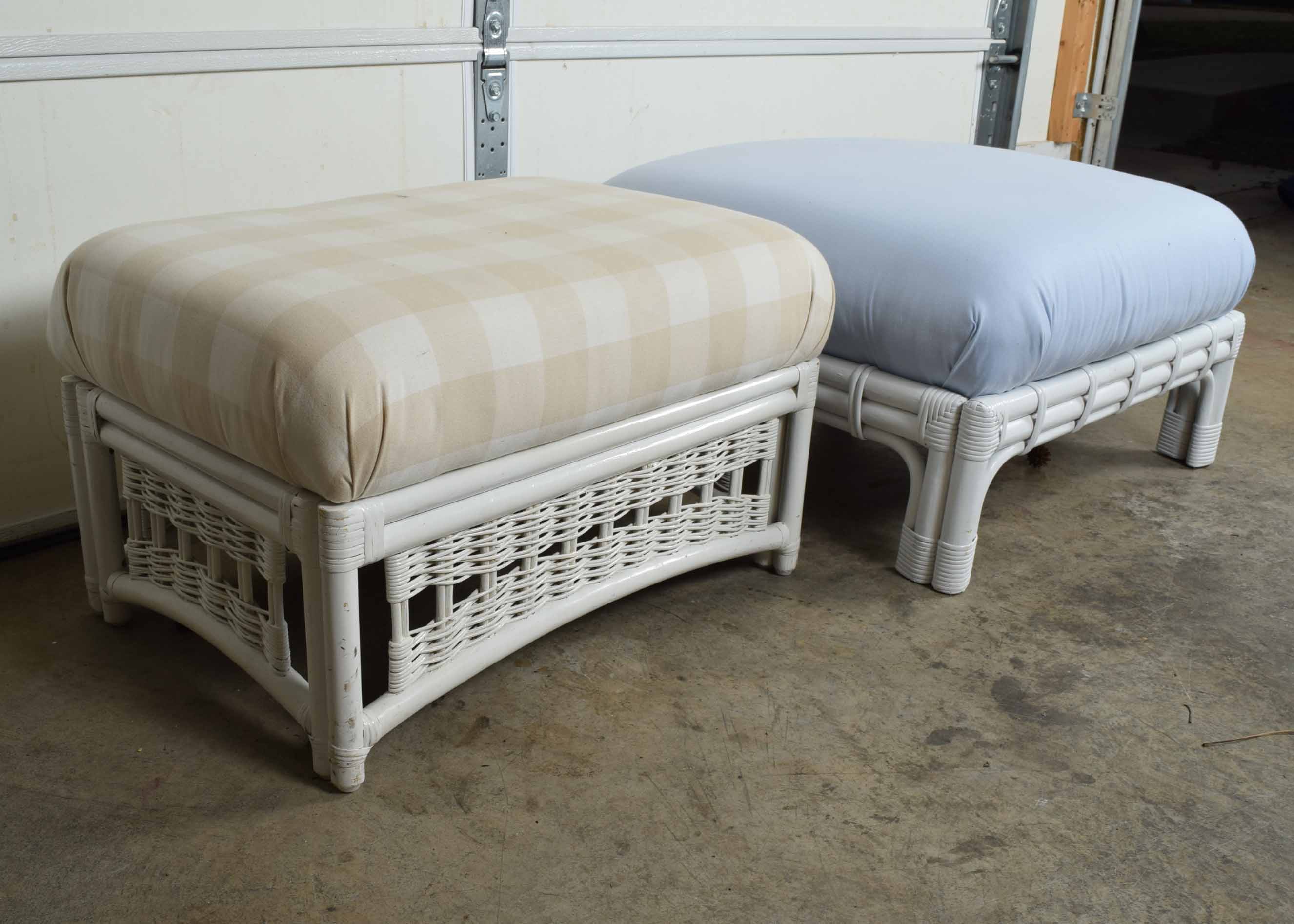 Pair of White Upholstered Bamboo Ottomans