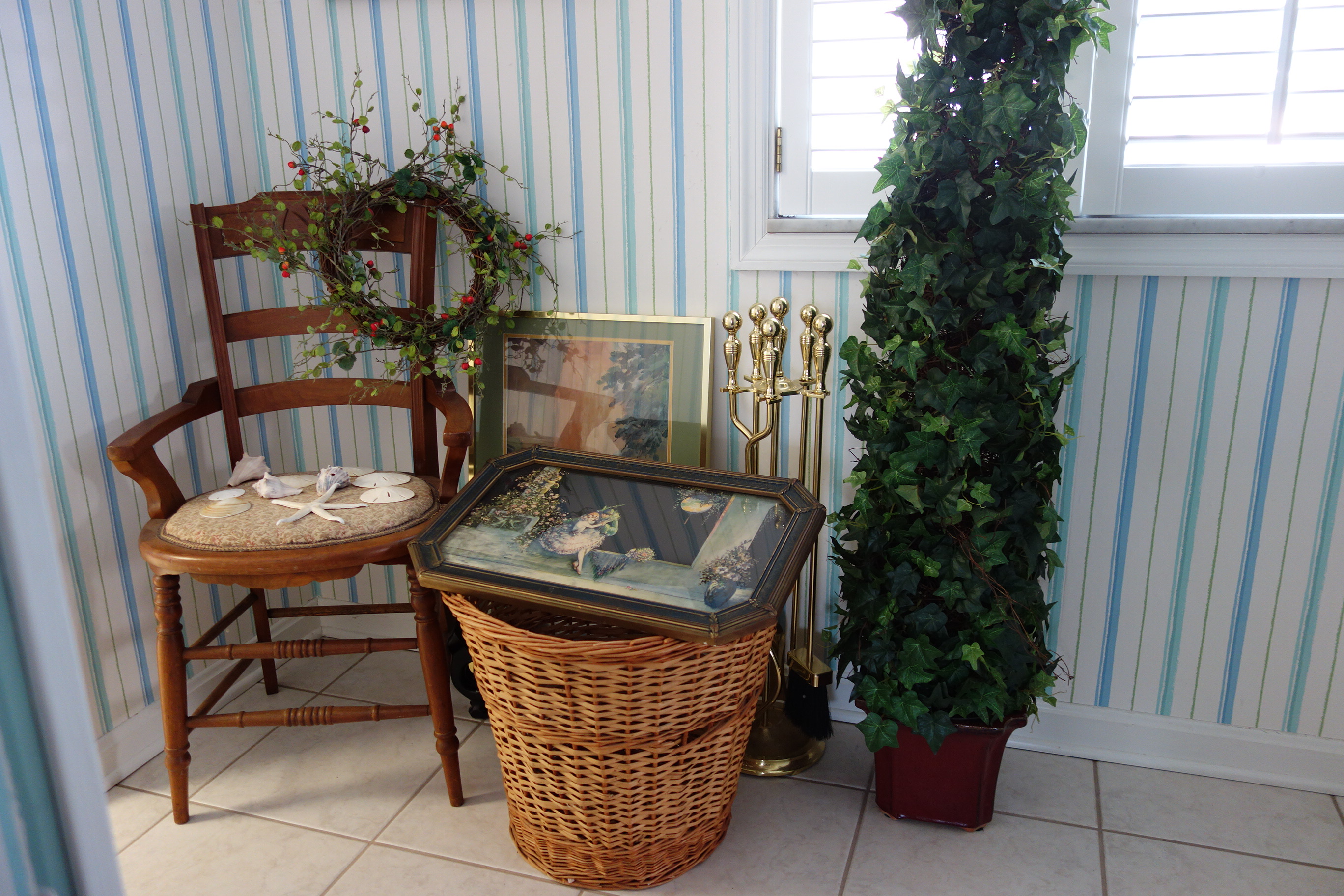 Tall Artificial Tree, Hen Cross Stitch, Side Chair and More