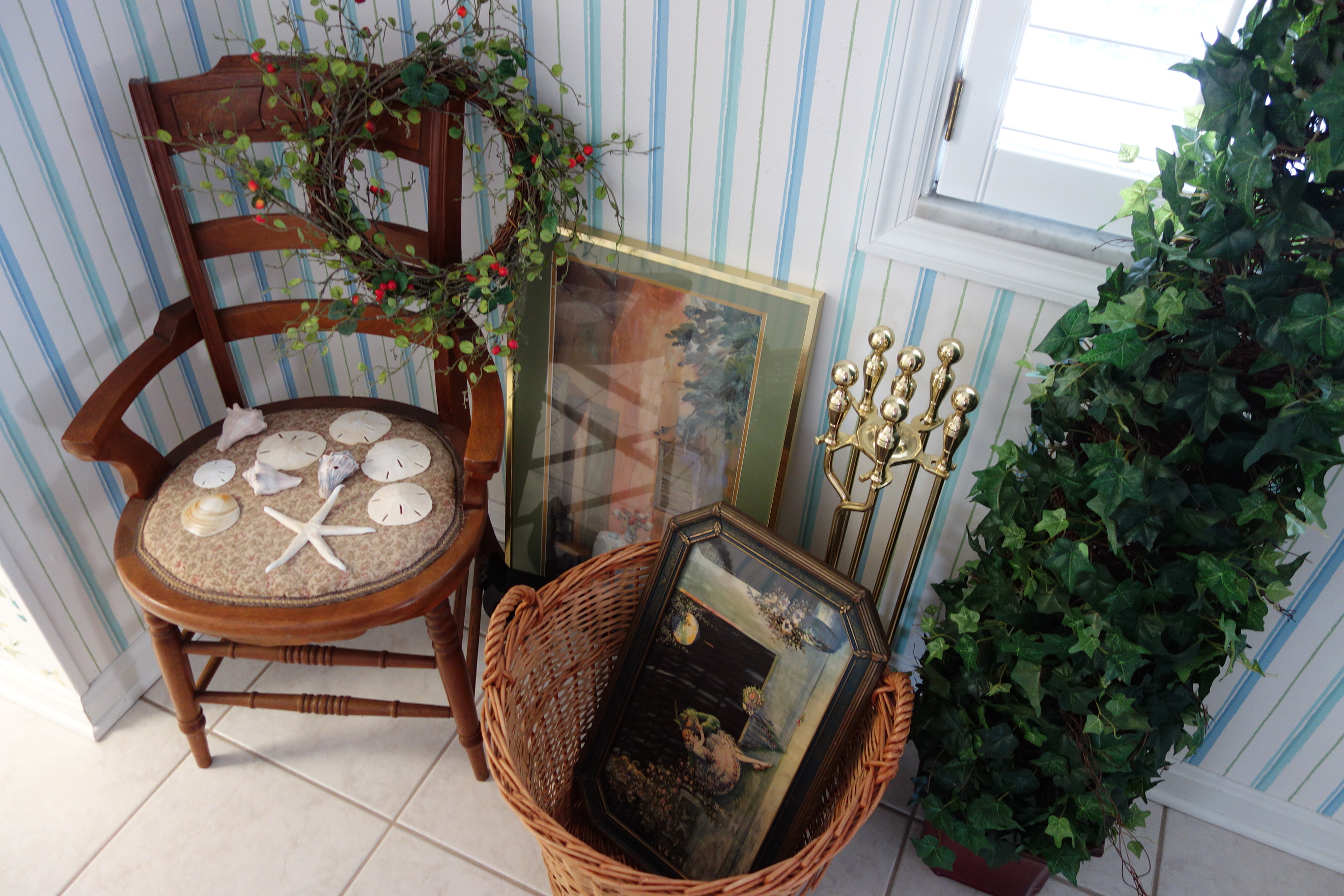 Tall Artificial Tree, Hen Cross Stitch, Side Chair and More