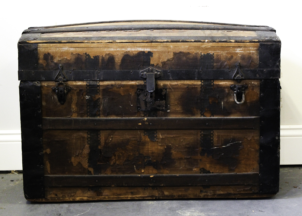Antique Victorian Wood Humpback Steamer Trunk with Shelf
