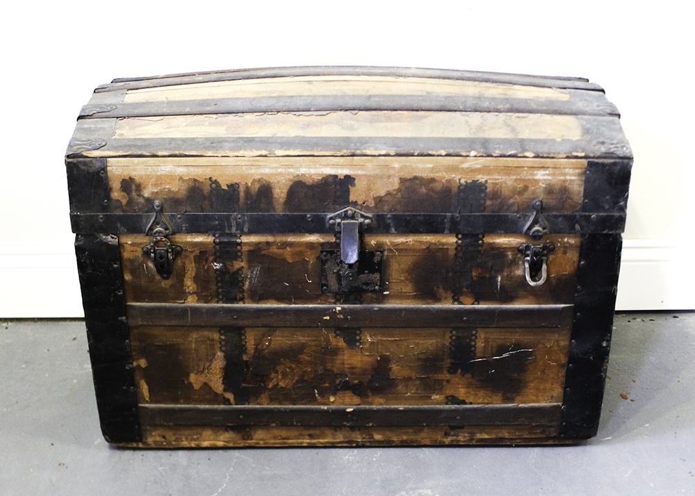 Antique Victorian Wood Humpback Steamer Trunk with Shelf