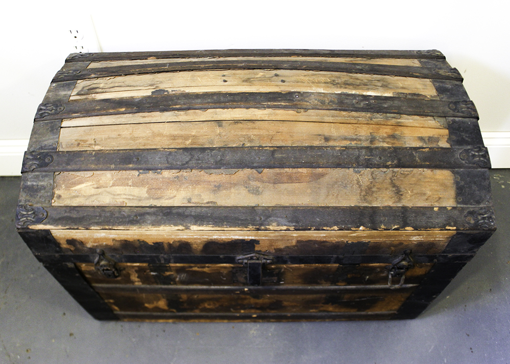 Antique Victorian Wood Humpback Steamer Trunk with Shelf