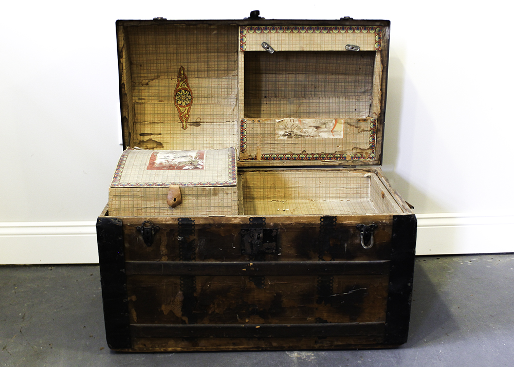 Antique Victorian Wood Humpback Steamer Trunk with Shelf