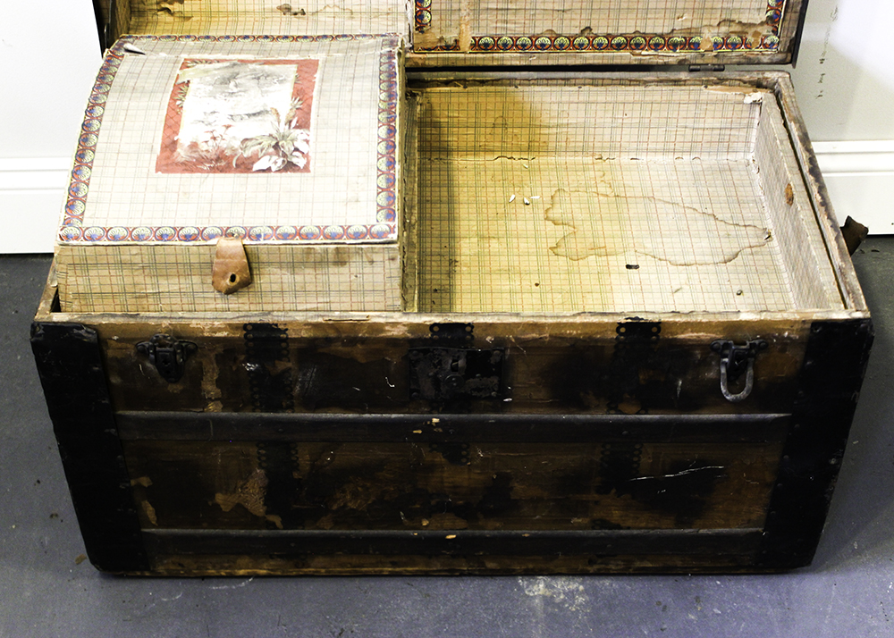 Antique Victorian Wood Humpback Steamer Trunk with Shelf